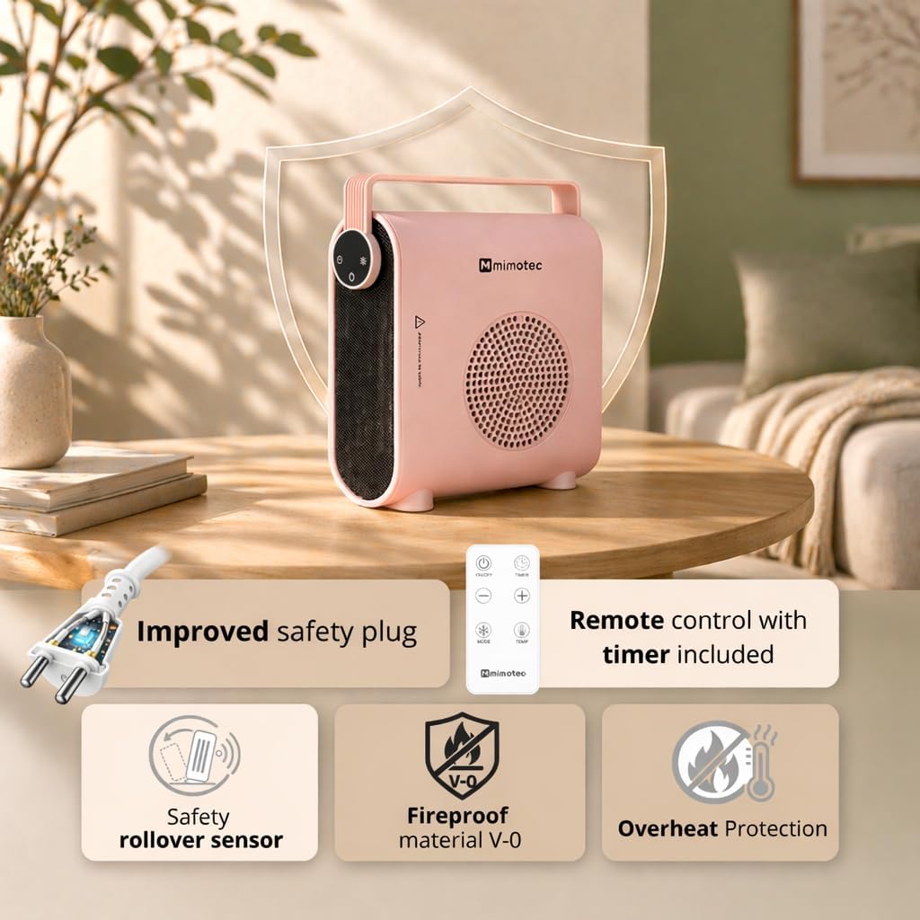  M Mimotec – Chauffage Soufflant Céramique électrique Rose Hearth 2000W, Silencieux <60 DB, Avec Télécommande, Protection Contre La Surchauffe, Chauffage D’appoint Portable Pour Intérieur