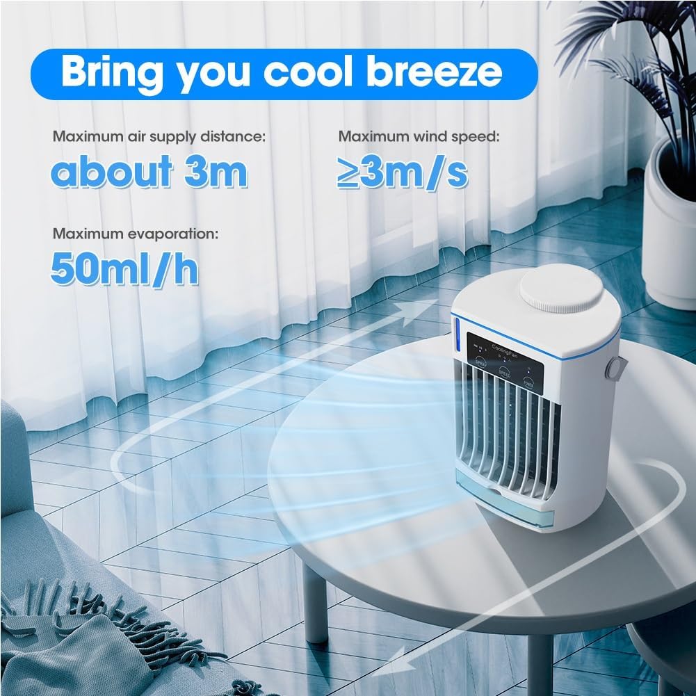  Chillwell Climatiseur Portable 2.0, Humidificateur De Refroidisseur D'air Par évaporation Rechargeable, Refroidissement De L'air De Bureau Personnel, 3 Vitesses For Le Bureau, La Maison, La Chambre, L