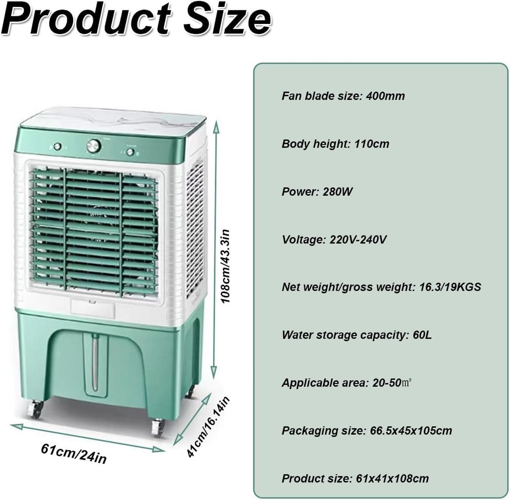  Refroidisseur D'air Par évaporation Swamp Cooler, 3500CFM Avec Réservoir D'eau De 60 L, 3 Vitesses De Vent, Climatiseur Portable For Intérieur Et Extérieur