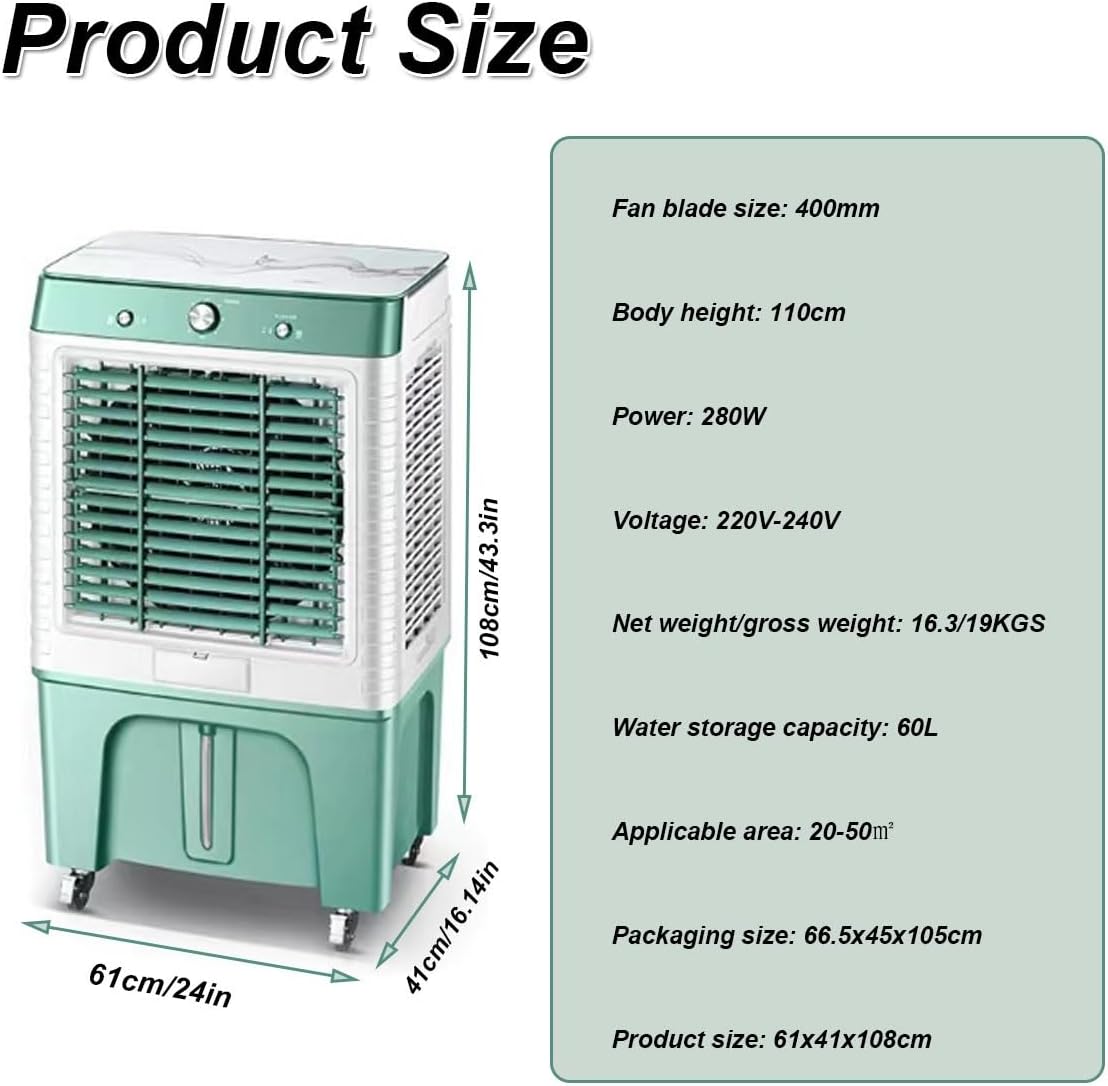  Refroidisseur D'air Par évaporation Swamp Cooler, 3500CFM Avec Réservoir D'eau De 60 L, 3 Vitesses De Vent, Climatiseur Portable For Intérieur Et Extérieur