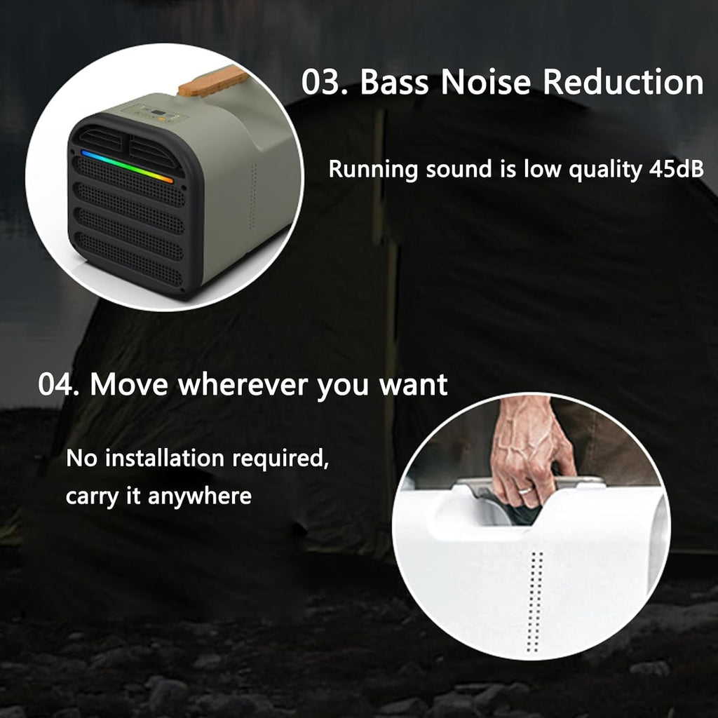  Portable AC 4500BTU Refroidissement Rapide 400W Calme Mini Refroidisseur Pour RV Voiture Camping Avec Télécommande Mode De Sommeil Déshumidificateur Compact Design Facile à Installer Extérieur à L'int