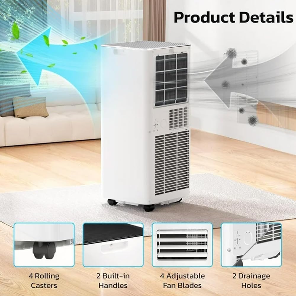  Climatiseur Portable 10 000 BTU Pour 450 Pieds Carrés, Unité AC 3 En 1 Avec Télécommande Et écran LED, Refroidissement Silencieux, Ventilateur, Déshumidificateur, Kit Fenêtre