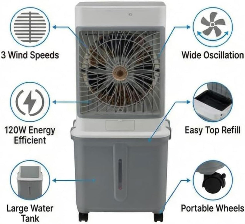 GENERIC Refroidisseur évaporatif Avec Réservoir 32L, Oscillation De 120°, Fonctionnement Silencieux à Partir De 50dB, Minuterie Et Télécommande, Refroidissement Et Hydratation Pour Les Chambres, Bureau Et Cam