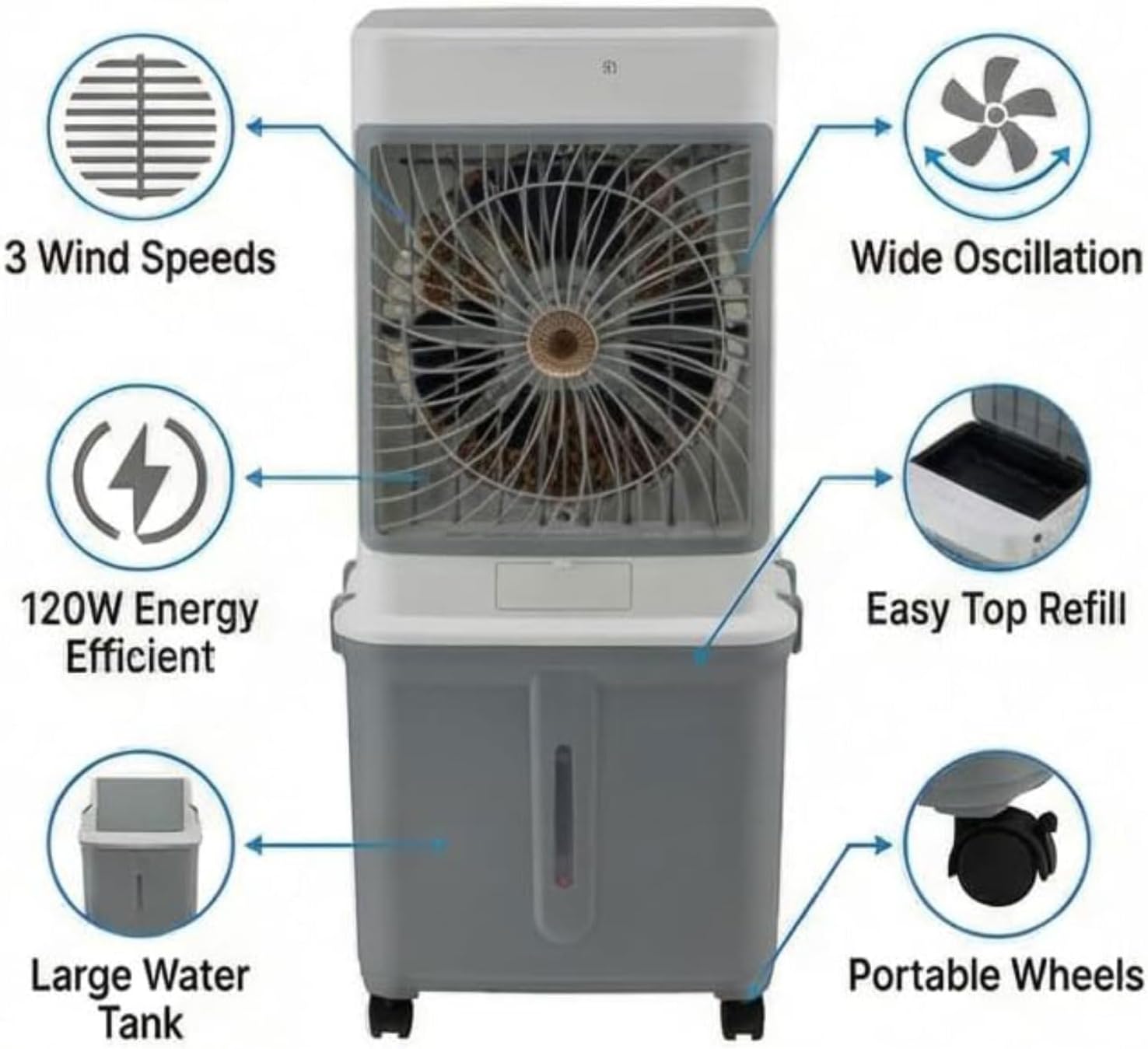 GENERIC Refroidisseur évaporatif Avec Réservoir 32L, Oscillation De 120°, Fonctionnement Silencieux à Partir De 50dB, Minuterie Et Télécommande, Refroidissement Et Hydratation Pour Les Chambres, Bureau Et Cam