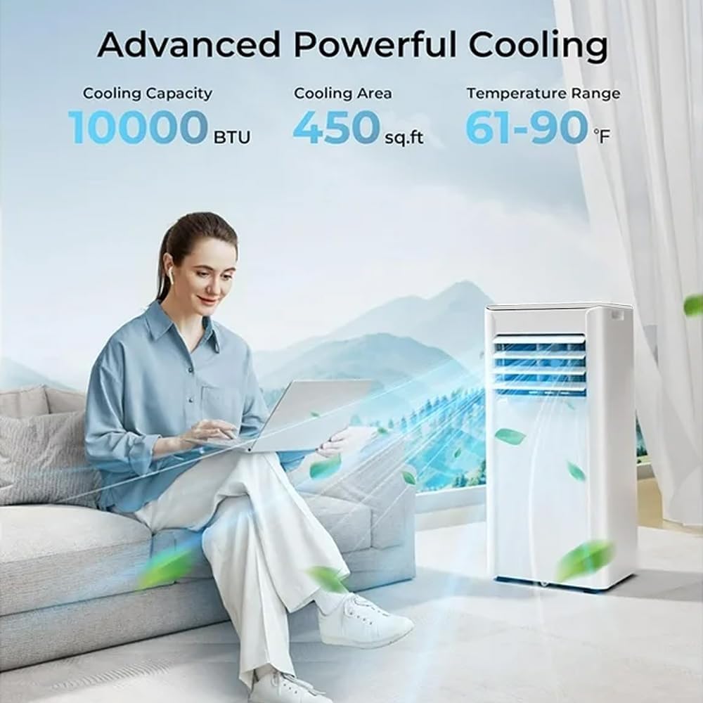  Climatiseur Portable 10 000 BTU Pour 450 Pieds Carrés, Unité AC 3 En 1 Avec Télécommande Et écran LED, Refroidissement Silencieux, Ventilateur, Déshumidificateur, Kit Fenêtre