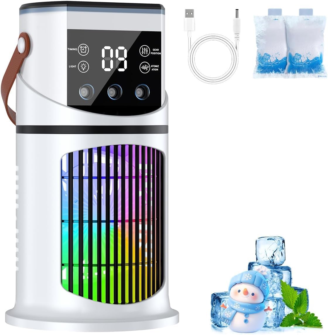  Climatiseur Mobile Portable 800ml Mini Refroidisseur D'Air Avec Lampe LED 7 Couleurs, Minuterie 1-8H, 9 Vitesses De Ventilation Et 3 Modes De Brumisation, Idéal Pour Bureau, Chambre