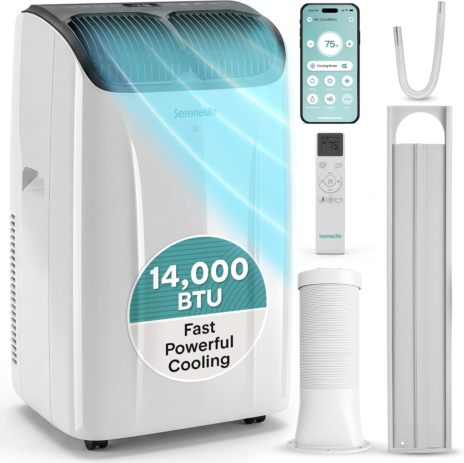 SereneLife Climatiseur Portable 12 000 BTU – Clim Mobile 4 En 1 Silencieuse Avec WiFi, Rafraîchisseur D’Air, Déshumidificateur, Ventilation, Chauffage, Kit Fenêtre, Contrôle APP