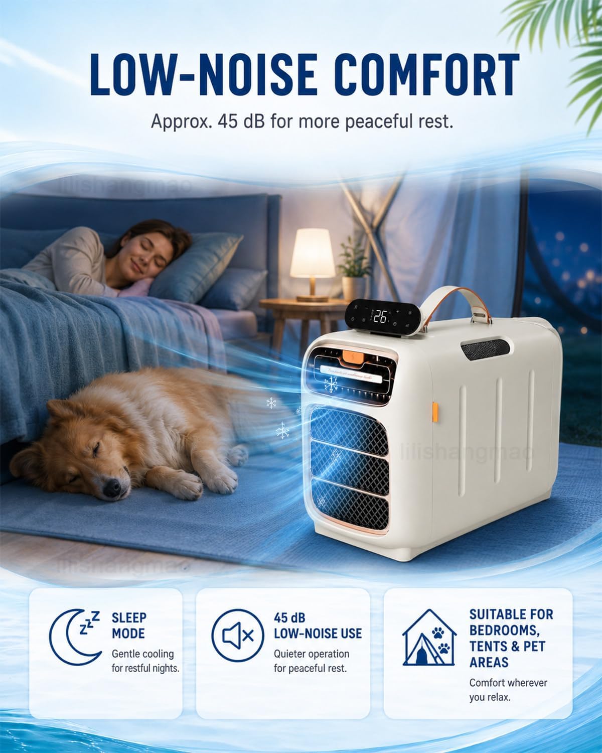  Climatiseur Mobile 4700 BTU, Climatiseur De Camping à Double Tuyau Avec 4 Modes, 3 Vitesses, Minuterie Et Télécommande Pour Tente, Van Et Caravane