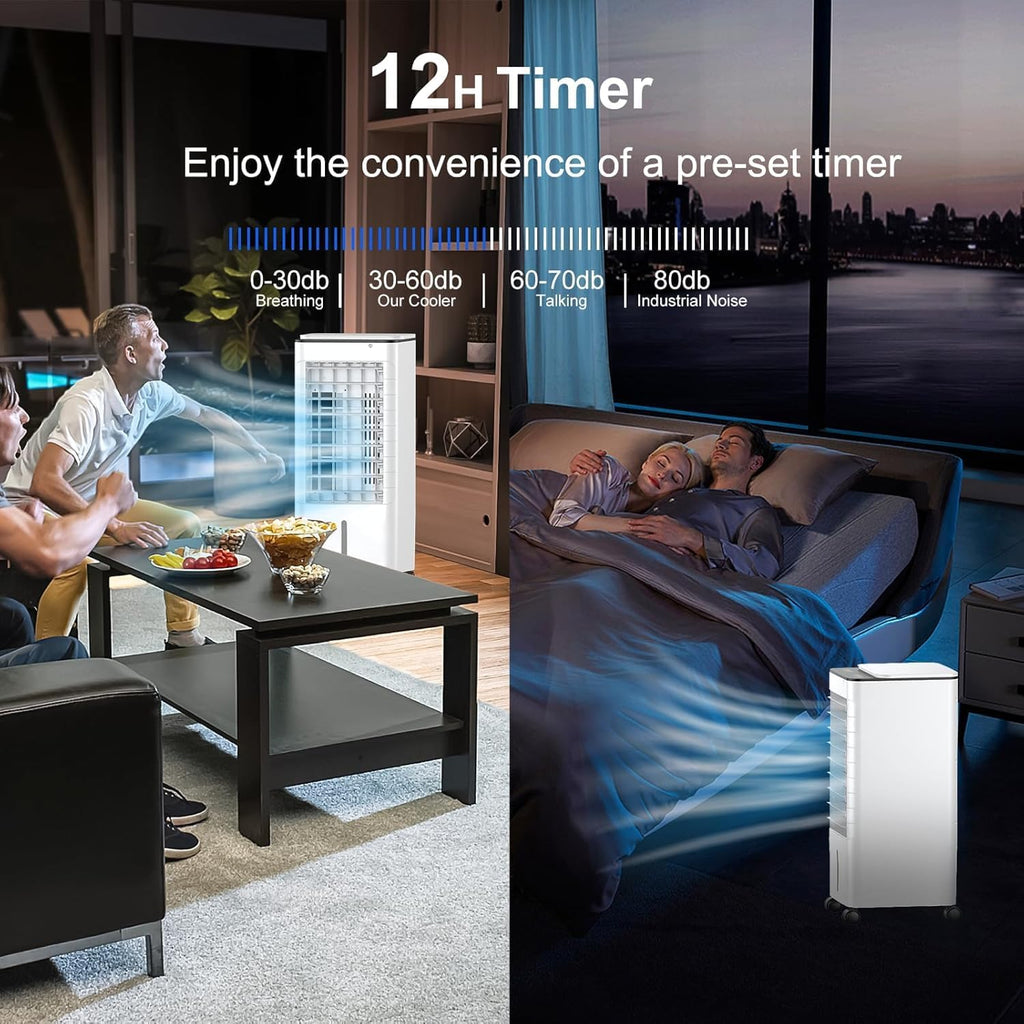 GENERIC Refroidisseur D'évaporation 7L Efficace Sur L'énergie Avec Packs De Glace, 3 Vitesses, Minuterie 12H, Ventilateur De Climatiseur Portable Silencieux Pour Le Bureau à Domicile, Roues De Mobilité Facile