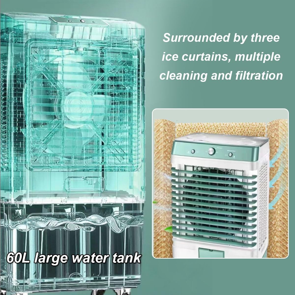  Refroidisseur D'air Par évaporation Swamp Cooler, 3500CFM Avec Réservoir D'eau De 60 L, 3 Vitesses De Vent, Climatiseur Portable For Intérieur Et Extérieur