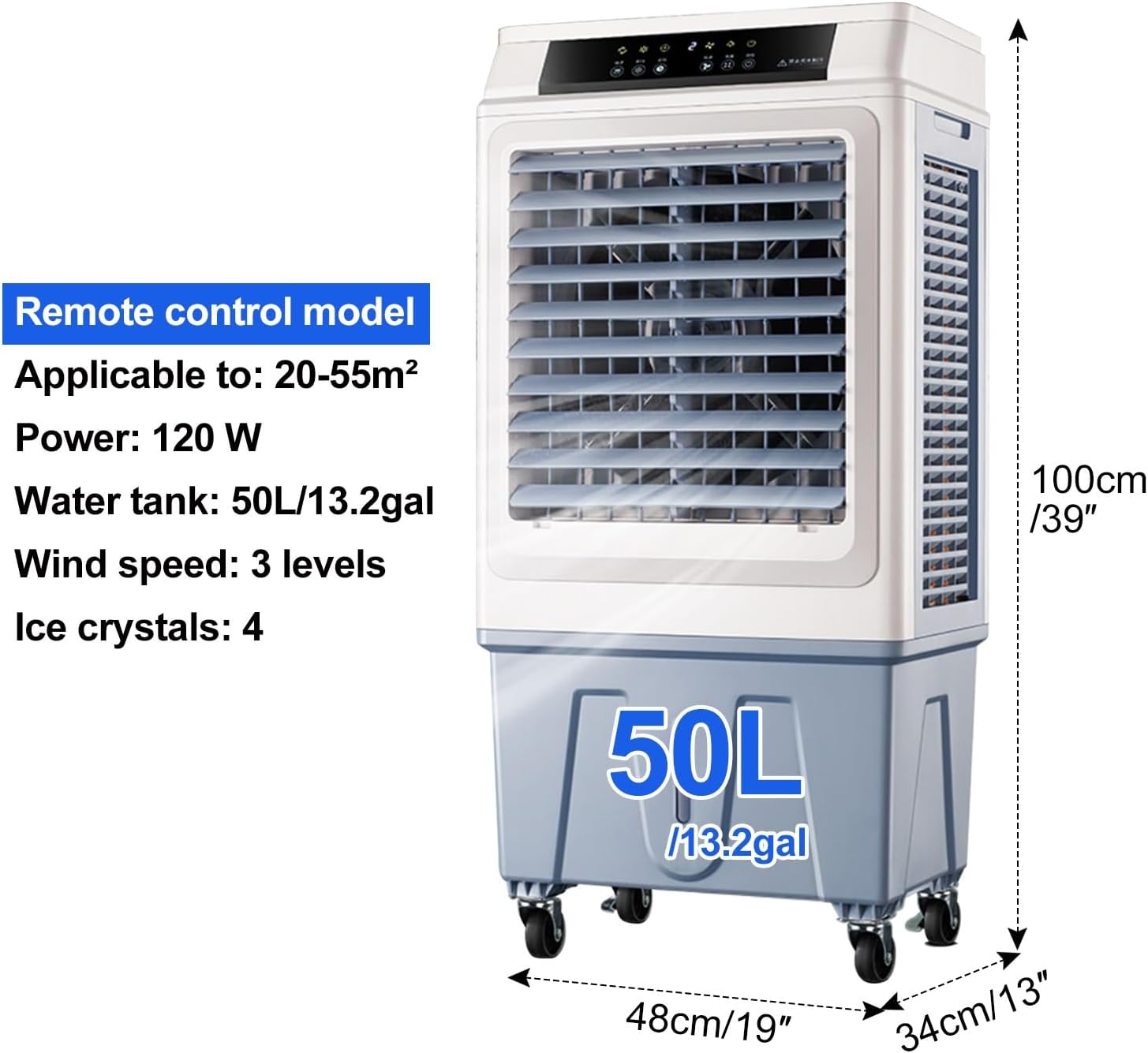 GENERIC Refroidisseur Par évaporation Portable Avec Réservoir D'eau De 50 L, Télécommande, Ventilateur à 3 Vitesses, Oscillation De 120°