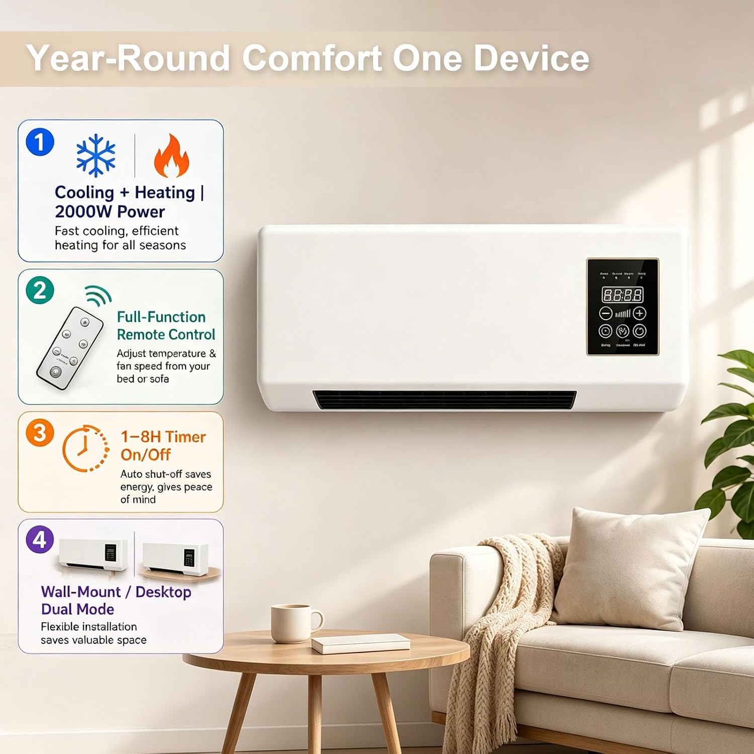  Climatiseur Mural Mobile Sans Évacuation Avec Télécommande | Classe Énergétique A, Réversible Split, Pour Cuisine Et Chambre, Ventilateur Intégré, Climatiseur Portable