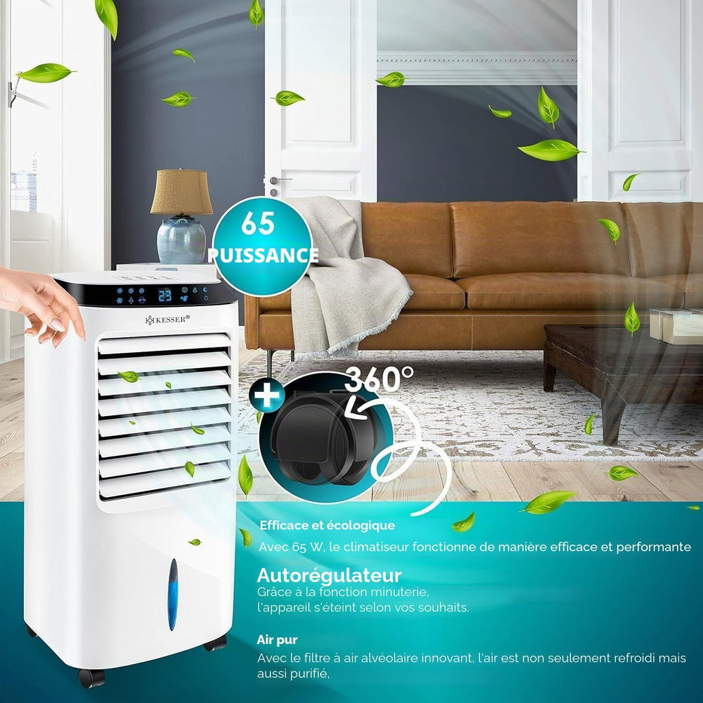  KESSER® Climatiseur Mobile 4 En 1 Avec Télécommande Et Minuterie, Réservoir D'eau De 10 L, Ioniseur Et Humidificateur, Ventilateur Sans Tuyau D'évacuation, 3 Niveaux Avec Blocs Réfrigérants