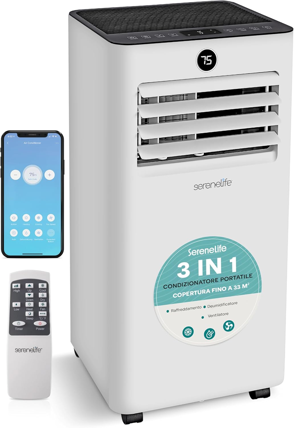  SereneLife Climatiseur Mobile 7000 BTU Avec Évacuation – Climatisation Portable WiFi 3 En 1 Silencieuse Avec Déshumidificateur, Ventilateur Et Kit Fenêtre
