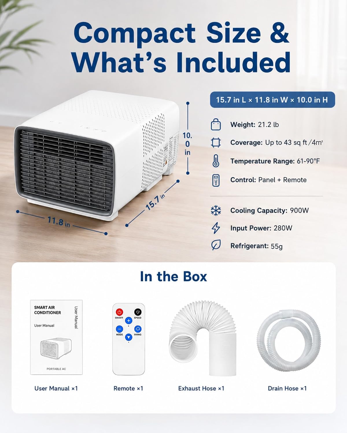 Climatiseur Mobile Pour Chambre Et Bureau, 900W De Refroidissement, 280W Faible Consommation, 45 DB Silencieux, Minuterie 1-12H, Affichage Numérique, Télécommande