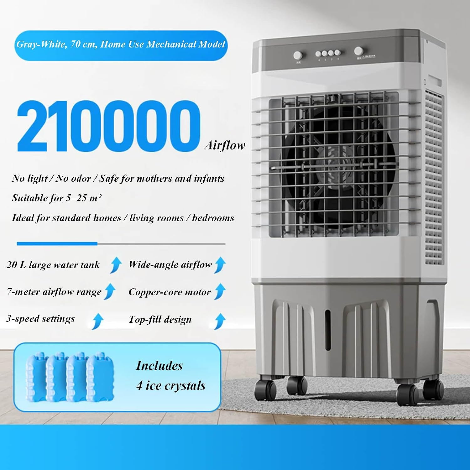 GENERIC Climatiseur équivalent 20L, 1800 Ventilateur De Refroidissement CFM Avec Des Packs De Glace, Oscillation Silencieuse Pour Chambre Et Bureau, Facile à Déplacer