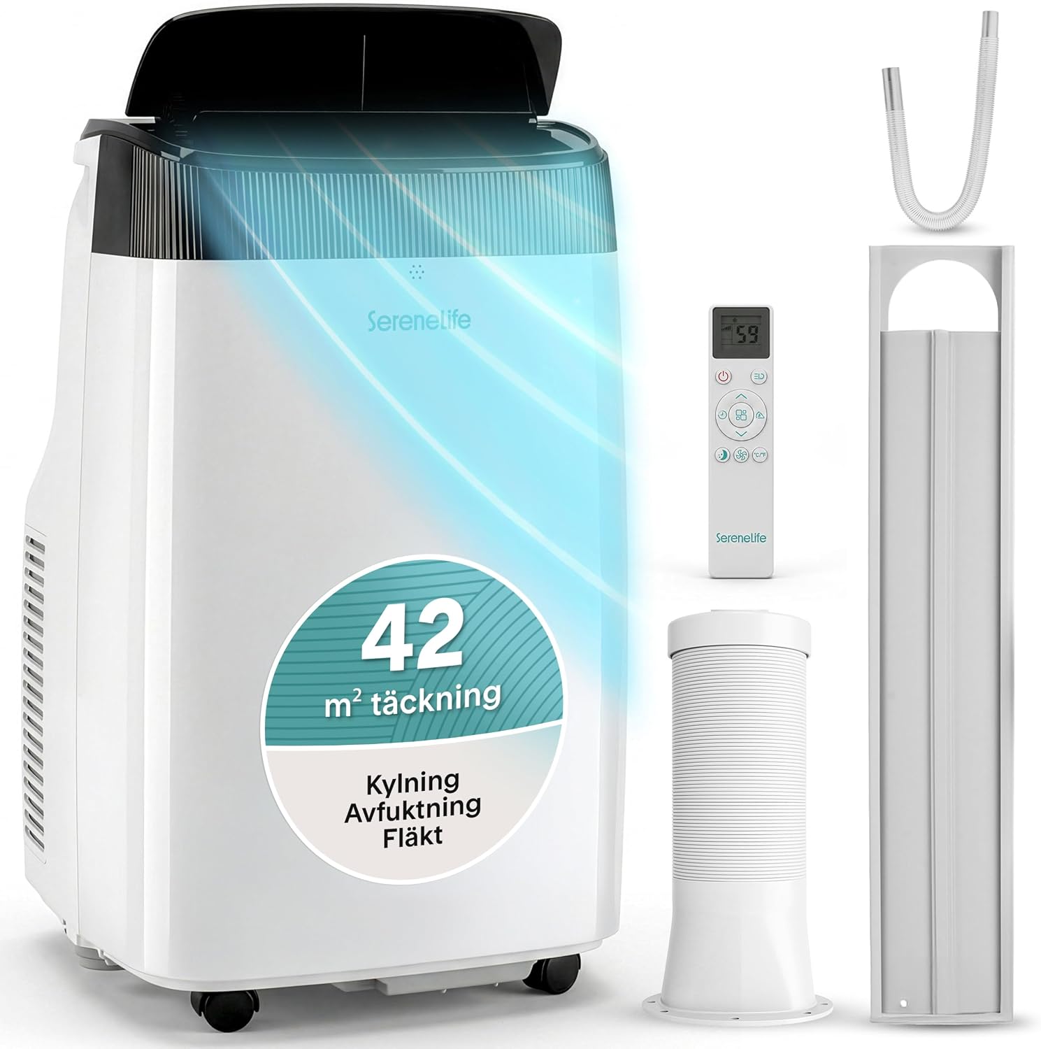  SereneLife Climatiseur Avec Tuyau D'évacuation - Mobile - Wi-Fi 14000 BTU - 3 En 1 - Refroidissement Et Déshumidification - Climatiseur Avec Kit De Fenêtre - Affichage LED - Mode Silencieux Et Veille