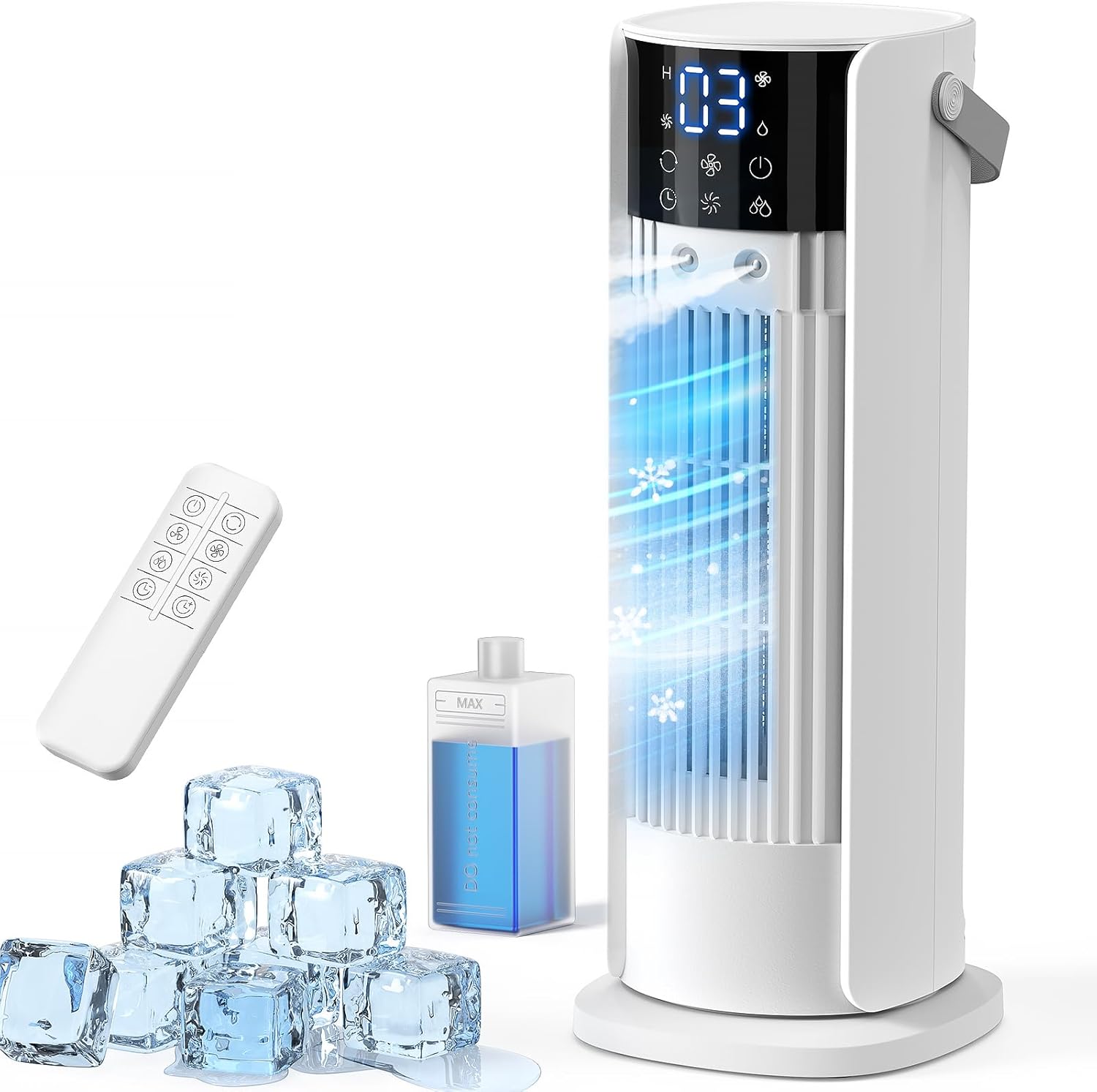  Climatiseur Mobile Avec Reservoir 4 En 1 Rafraichisseur D'air Silencieux Avec 4 Vitesses, Mode Tempête, 2 Modes De Pulvérisation, Minuterie Et Oscillation à 90° Pour Chambre Et Bureau