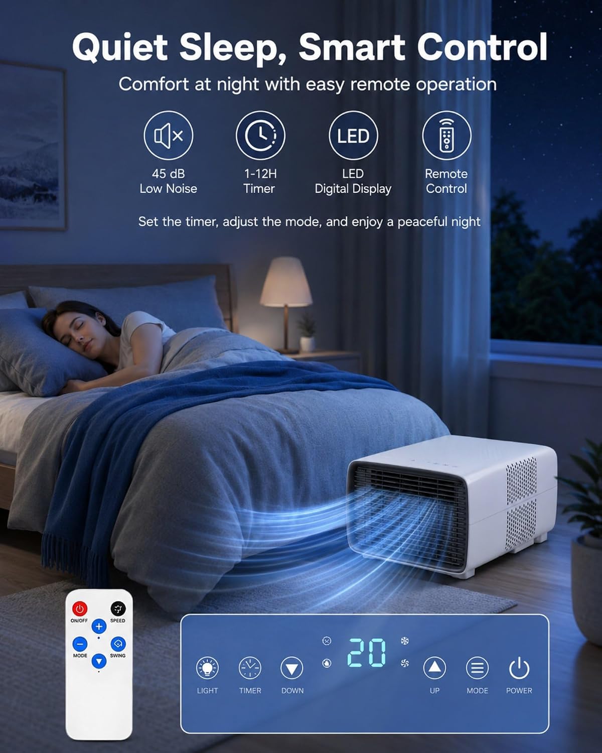  Climatiseur Mobile Pour Chambre Et Bureau, 900W De Refroidissement, 280W Faible Consommation, 45 DB Silencieux, Minuterie 1-12H, Affichage Numérique, Télécommande