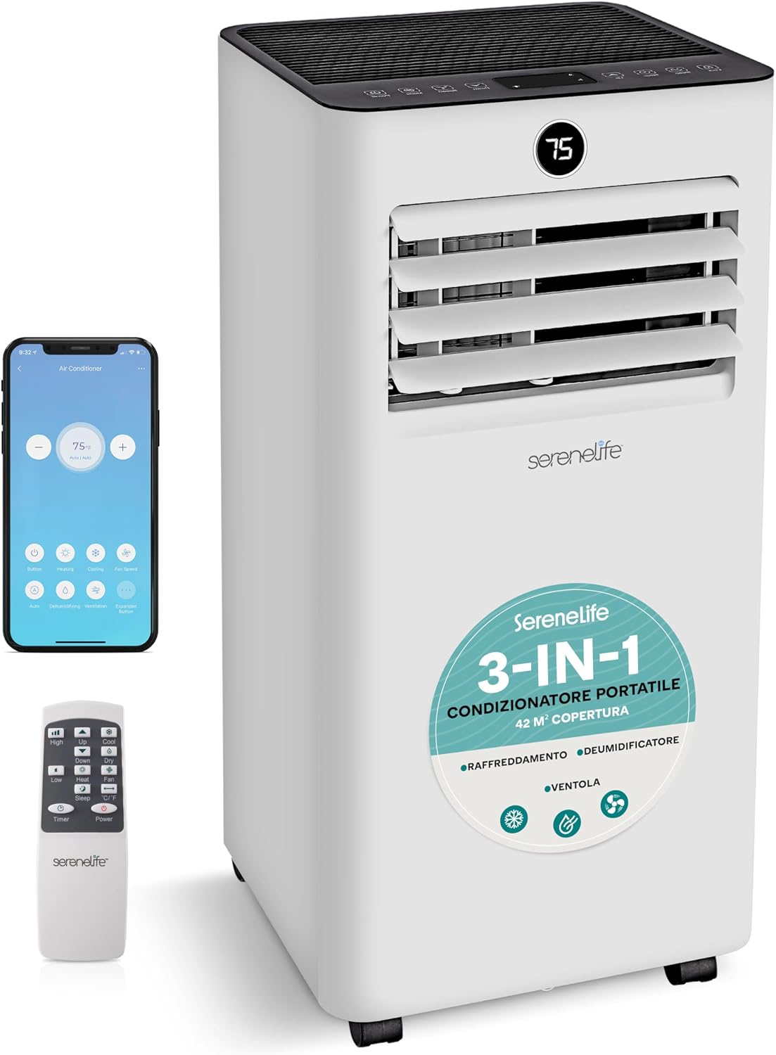  SereneLife Climatiseur Portable 9000 BTU, Climatiseur Portable WiFi Avec Télécommande, Kit Fenêtre, Déshumidificateur Et Ventilateur, Pingouin, Climatiseur Compact Pour Maison, Bureau Et école