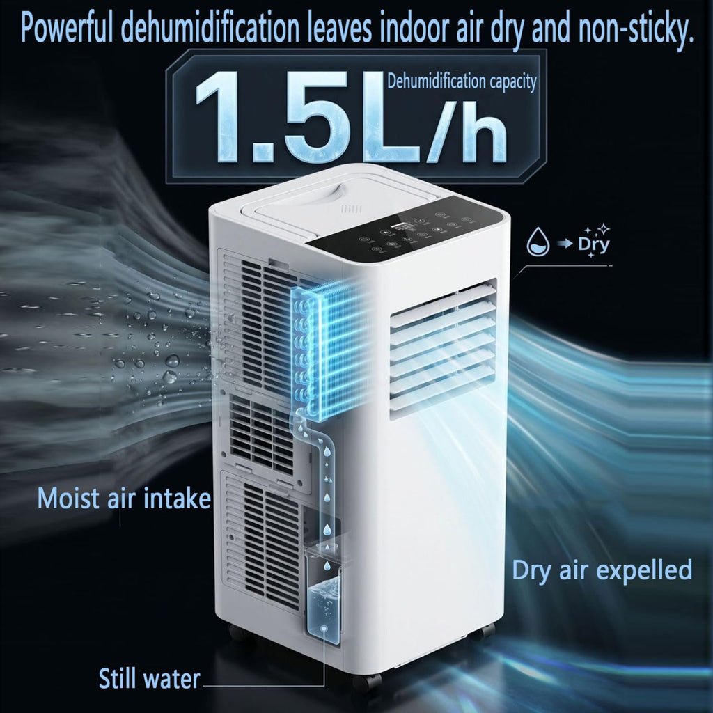  Climatiseur Portable 7000 BTU, Télécommande Smart AC Unit Avec Ventilateur Cool Déshumidificateur, 120 ° Oscillation 3 Vitesses, Cools Chambres Jusqu'à 300 Pieds Carrés, Kit De Fenêtre Inclus