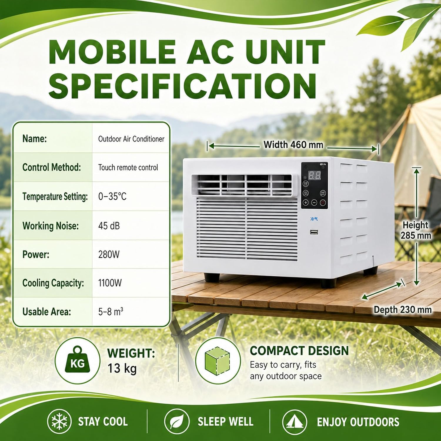  Climatiseur Portable De Voyage Pour Pick-Up, SUV Et Caravane, Climatiseur Mobile Pour Tente Et Rafraîchisseur D'air Portable, 1876 Btu, 280 W, Silencieux, Minuterie À Distance AC+0.9M