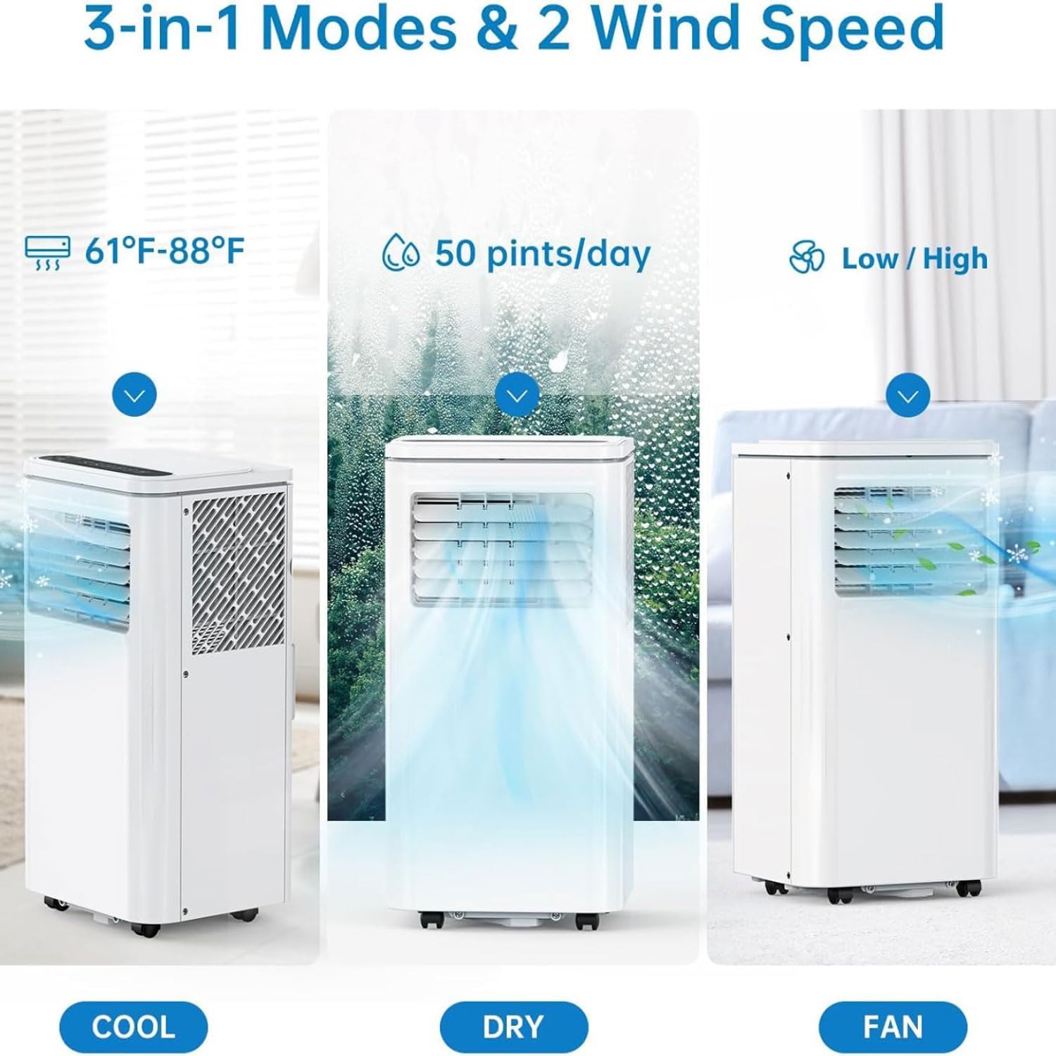  Climatiseur Portable, Unité Intelligente Intelligente Avec Déshumidificateur Cool Et Modes Ventilateur Pour La Pièce Jusqu'à 350 Sq.ft, Télécommande, Minuterie 24 Heures, Kit D'installation Inclus