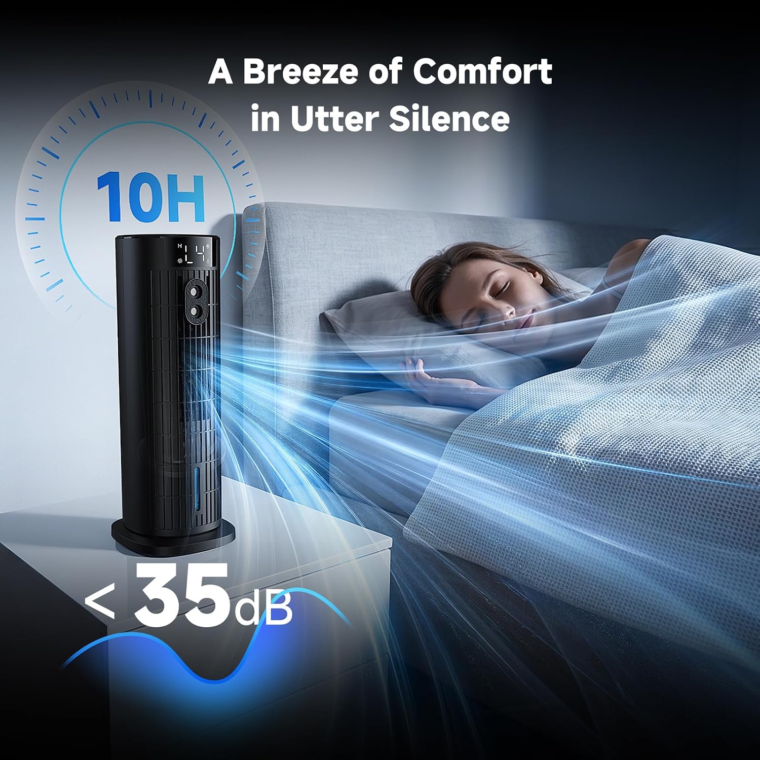  Climatiseur Mobile Portable Rafraîchisseur D'air Silencieux (Améliorée) Pour Chambre - Puissance 7,5 M/s, Oscillation 90°, 4 Vitesses, 2 Modes, Minuteur 10H, Télécommande, Sans Lame, Noir Carbone