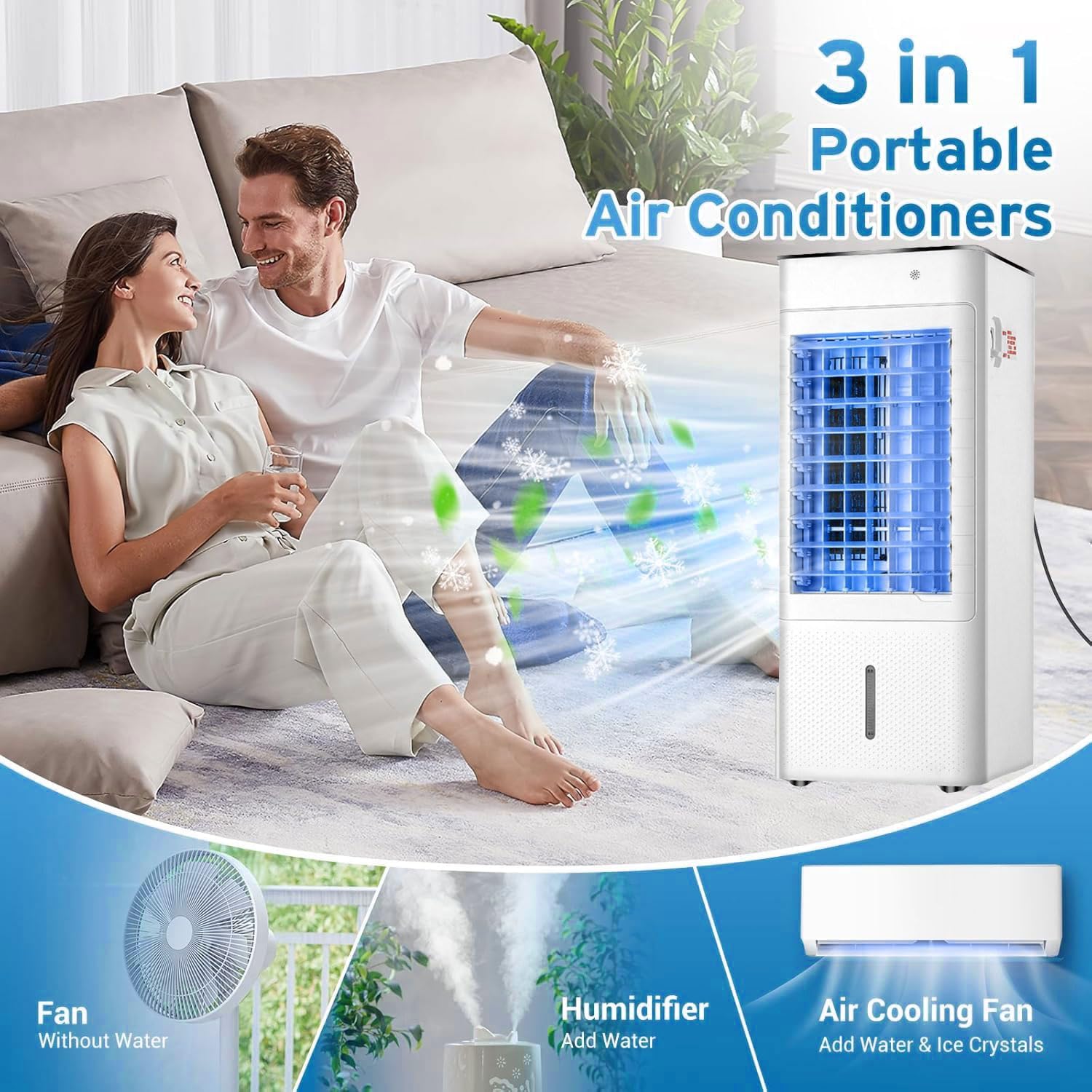 GENERIC Climatisation à évaporation Portable 3in1, Refroidisseur D'air Oscillant Avec Fonction D'humidificateur, Télécommande, Minuterie, 40dB Calme, Pour La Maison Et Le Bureau, Économe En énergie