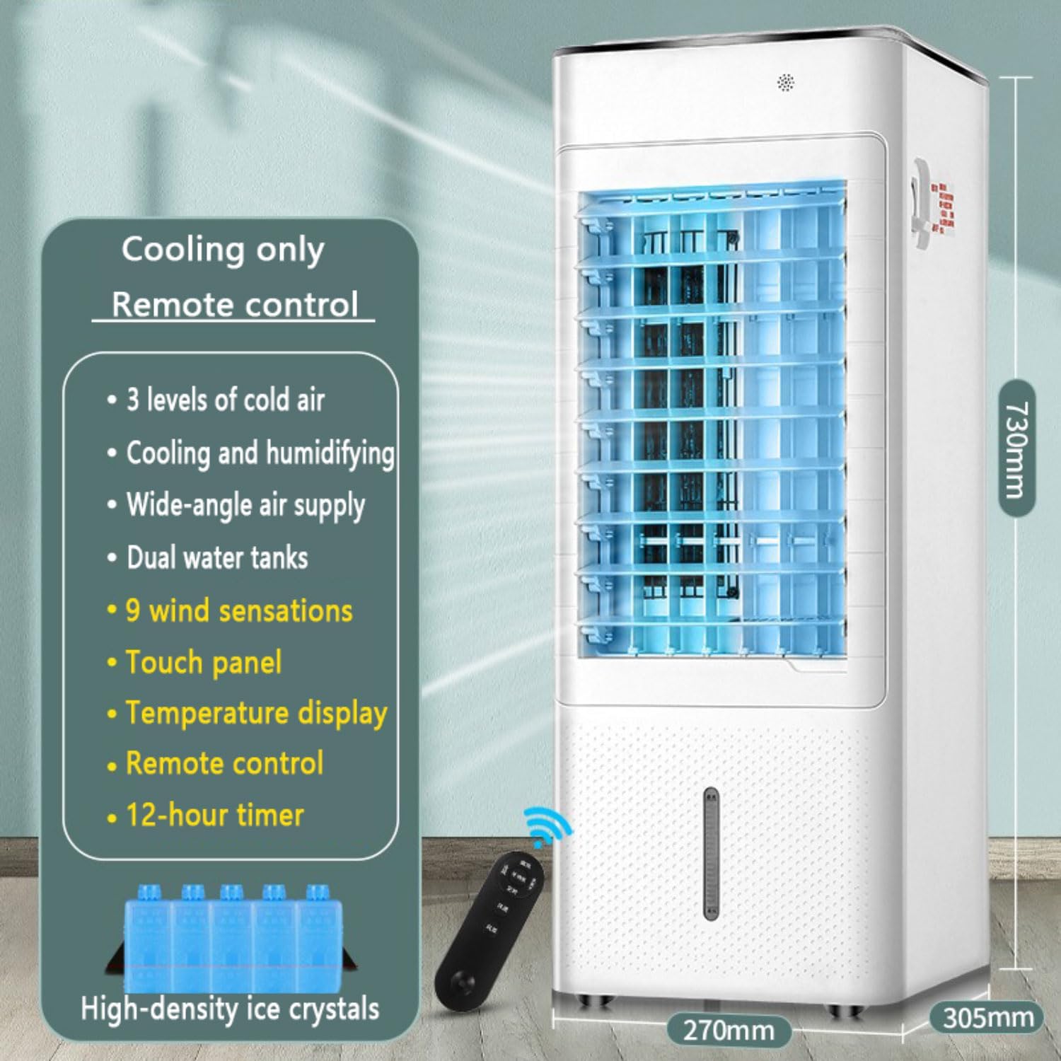GENERIC Refroidisseur D'évaporation 7L Efficace Sur L'énergie Avec Packs De Glace, 3 Vitesses, Minuterie 12H, Ventilateur De Climatiseur Portable Silencieux Pour Le Bureau à Domicile, Roues De Mobilité Facile