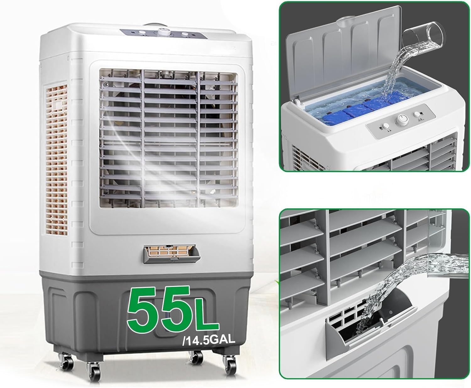  Climatiseur Portable Swamp Cooler, Refroidisseur D'air Par évaporation Avec Réservoir D'eau De 55 L/14,5 Gal, Oscillation à 120°, 3 Vitesses, Ventilateur Pour Chambre, Terrasse, GA