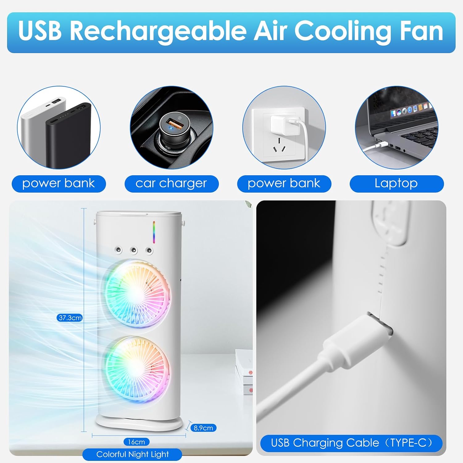  Climatiseur Mobile Rafraîchisseur D’Air, Mini Climatiseur 4 En 1, Ventilateur USB Avec 3 Vitesses & 3 Modes Brume, Refroidisseur D’Air Silencieux Avec LED 7 Couleurs Pour Bureau, Maison