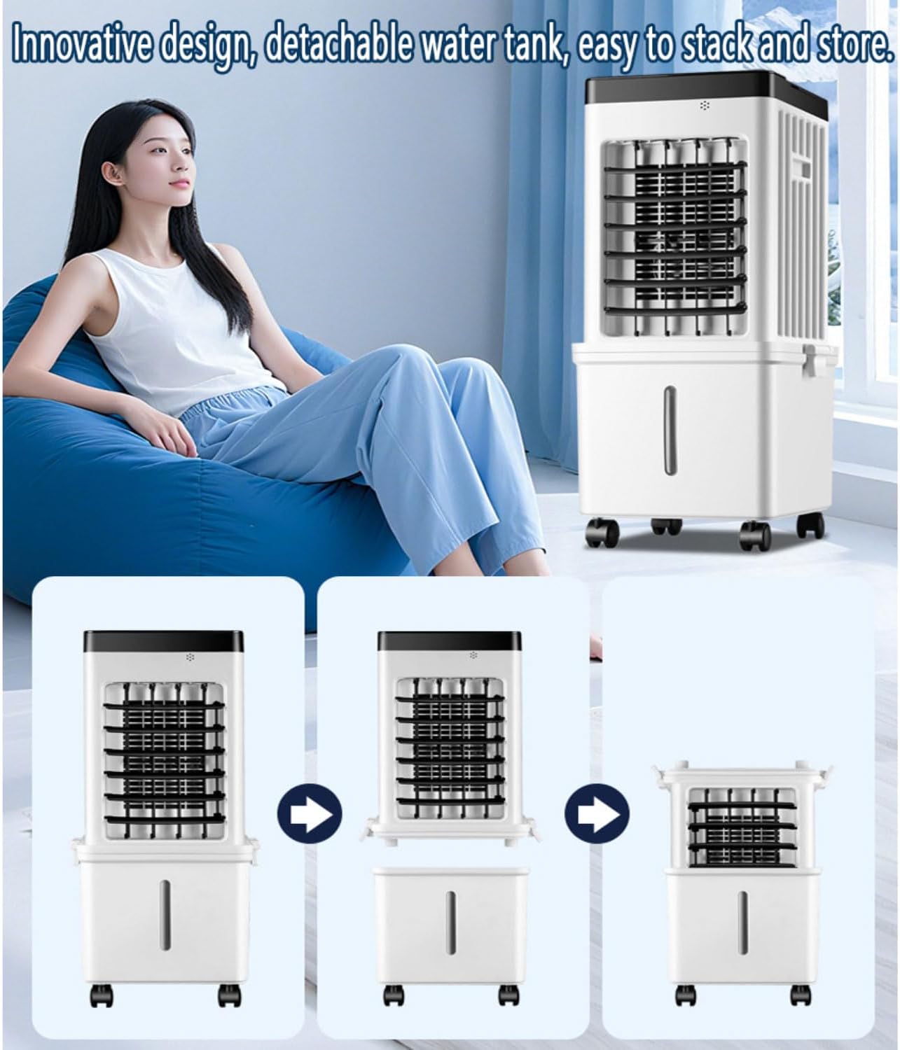  Climatiseur Mobile Sans Évacuation 15L 75W Climatiseur Mobile Silencieux Avec Minuterie De 7.5H 3 Modes 40dB Réservoir D'eau Amovible Télécommande Refroidisseur D'air Climatisation Pour Chambre