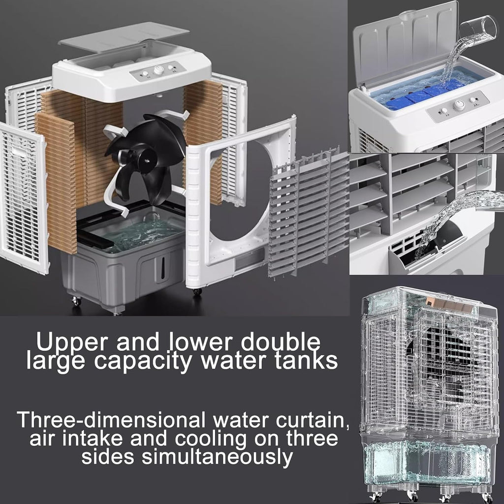 GENERIC Refroidisseur D'air évaporatif Portable, Déshumidificateur D'humidificateur De Ventilateur 3 En 1, Grand Réservoir De 55L, 1220 Breuvette Froide Oscillante Pour Le Refroidissement De La Chambre De Bur