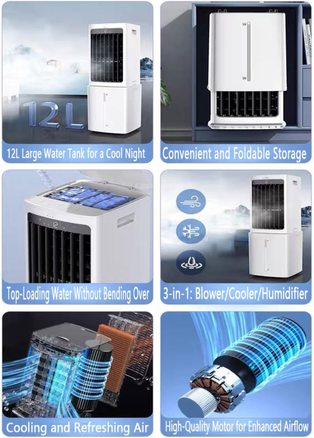 GENERIC Refroidisseur D'air évaporatif Portable Avec Réservoir D'eau 12L Et 2 Packs De Glace 60W Efficace énergétique 3 Vitesses 90° Oscillation 35dB Unité De Refroidissement De Ventilateur D'économie D'espac
