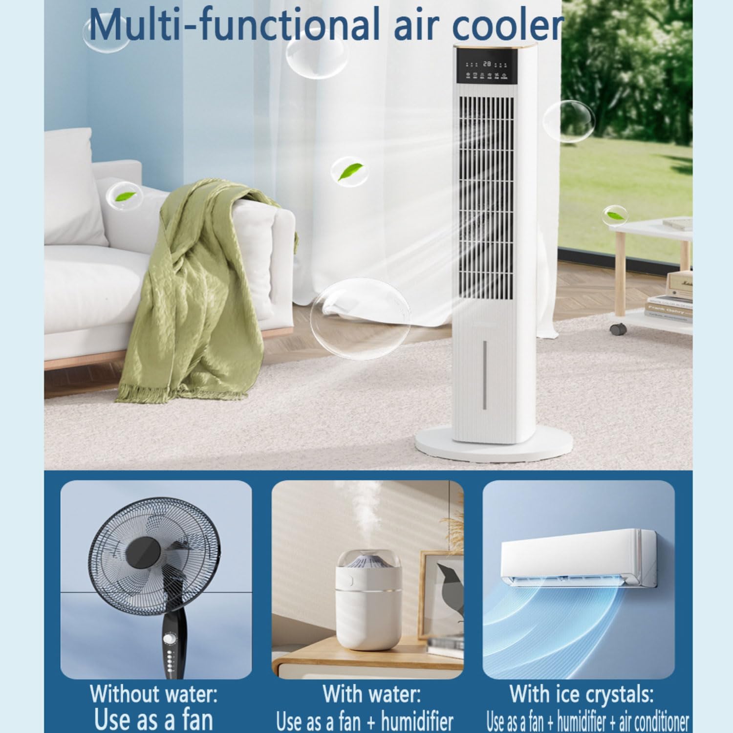  Refroidisseur D'air Colonne Refroidisseur Humidificateur Et Ventilateur Oscillation 80° 3 Vitesses 3 Modes Réservoir D'eau 4.5L Blocs De Glace Climatiseur Mobile Portable Pour Chambre Bureau Blanc