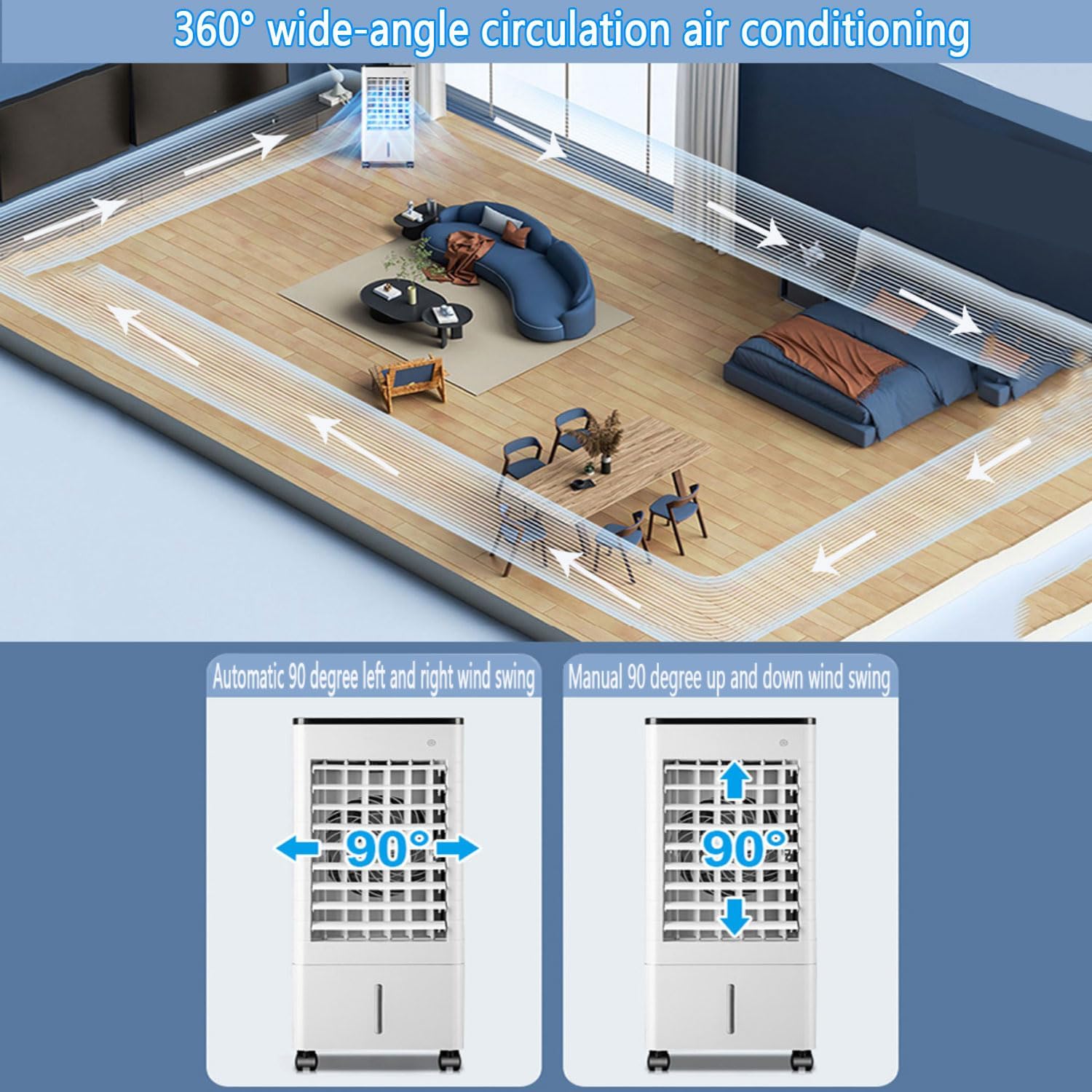 GENERIC Refroidisseur D’air évaporatif Portable Avec Réservoir D’eau De 9 Litres, 4 Boîtes De Refroidissement, Ventilateur D’oscillation à 90° Et 3 Niveaux De Vitesse – Idéal Pour La Chambre à Coucher, Le Bur