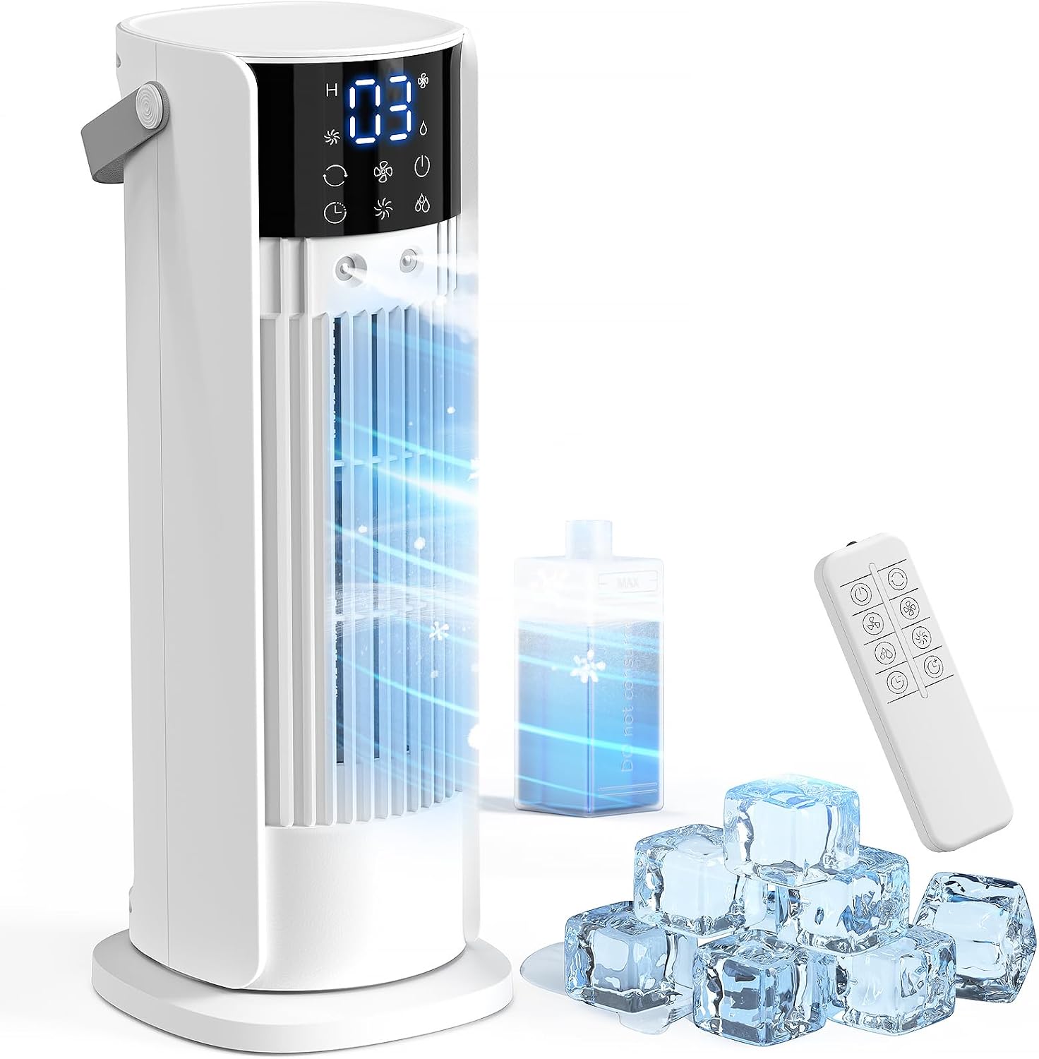  Climatiseur Mobile Avec Reservoir 4 En 1 Rafraichisseur D'air Silencieux Avec 4 Vitesses, Mode Tempête, 2 Modes De Pulvérisation, Minuterie Et Oscillation à 90° Pour Chambre Et Bureau