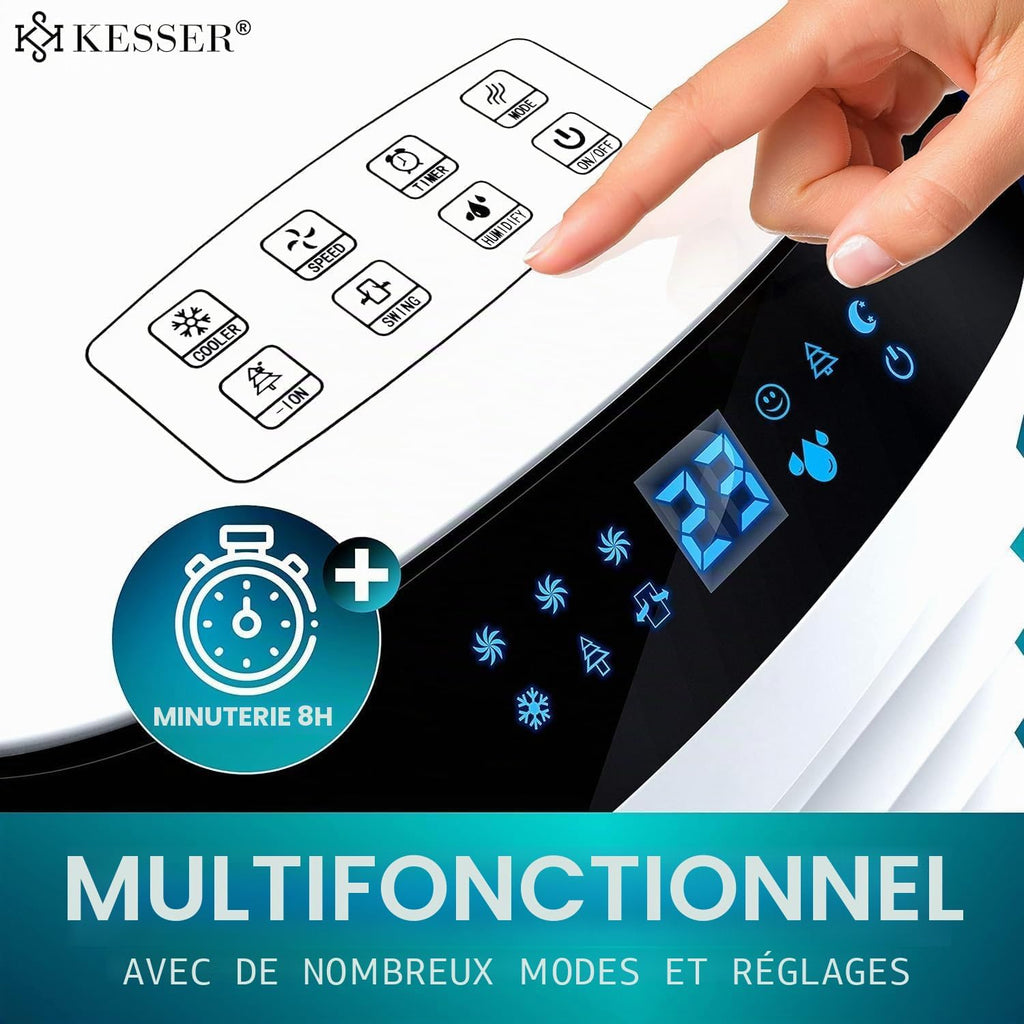  KESSER® Climatiseur Mobile 4 En 1 Avec Télécommande Et Minuterie, Réservoir D'eau De 10 L, Ioniseur Et Humidificateur, Ventilateur Sans Tuyau D'évacuation, 3 Niveaux Avec Blocs Réfrigérants