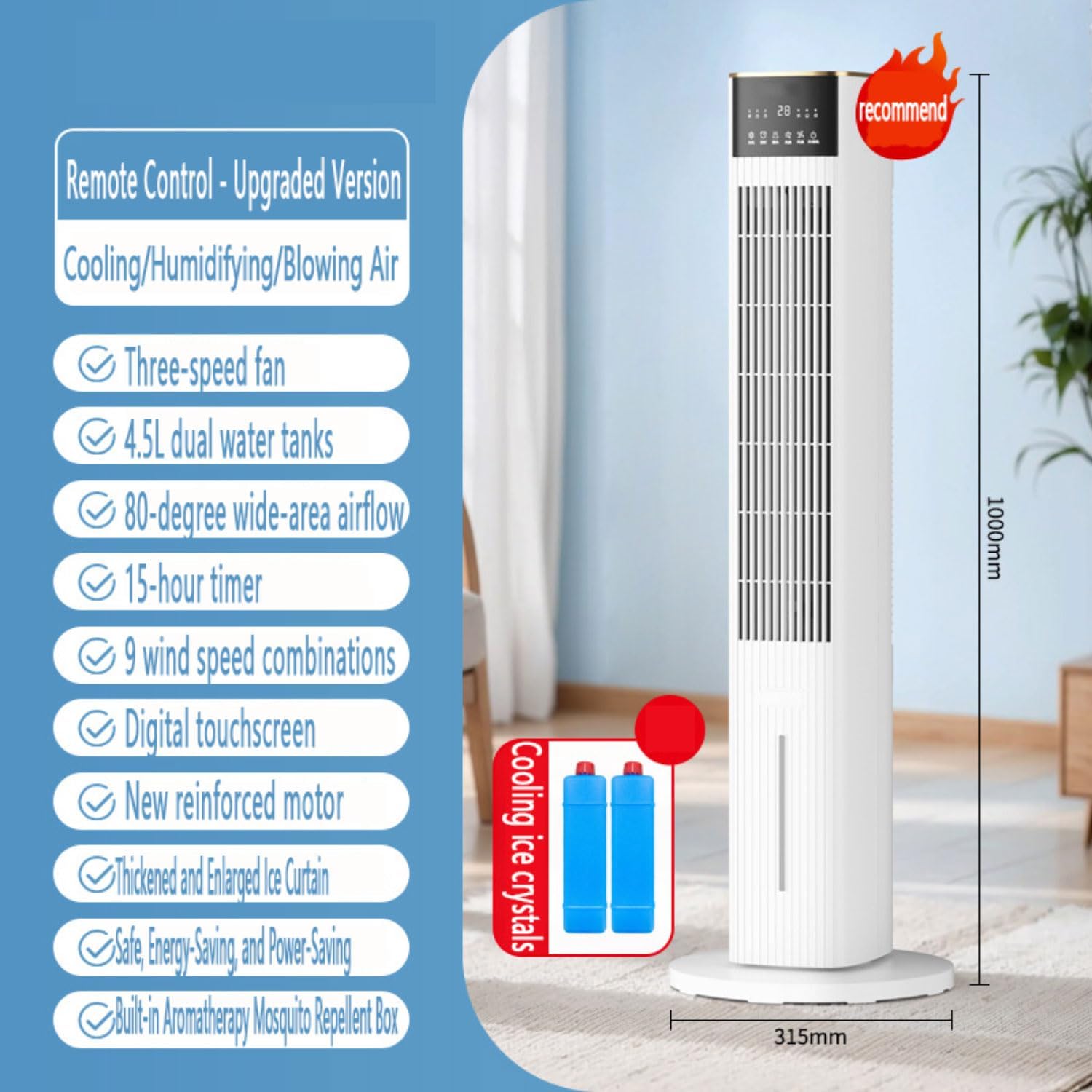  Refroidisseur D'air Colonne Refroidisseur Humidificateur Et Ventilateur Oscillation 80° 3 Vitesses 3 Modes Réservoir D'eau 4.5L Blocs De Glace Climatiseur Mobile Portable Pour Chambre Bureau Blanc