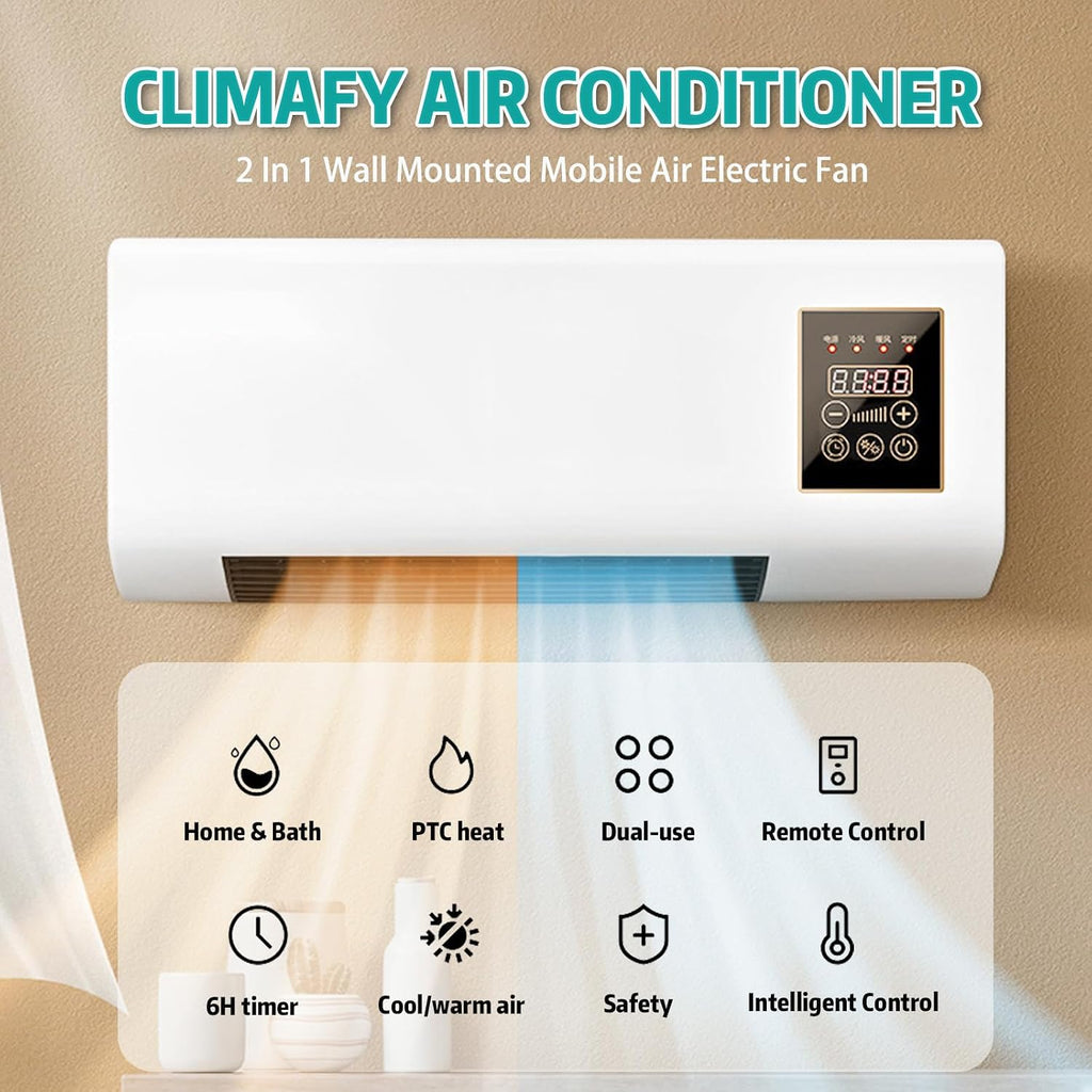  Ventilateur Mural Portable 2-en-1 Avec Télécommande, Air De Chauffage Et De Refroidissement, Technologie PTC, Fonctionnement Silencieux Pour La Maison Et Le Bureau, Aucune Installation, Fonction De Mi