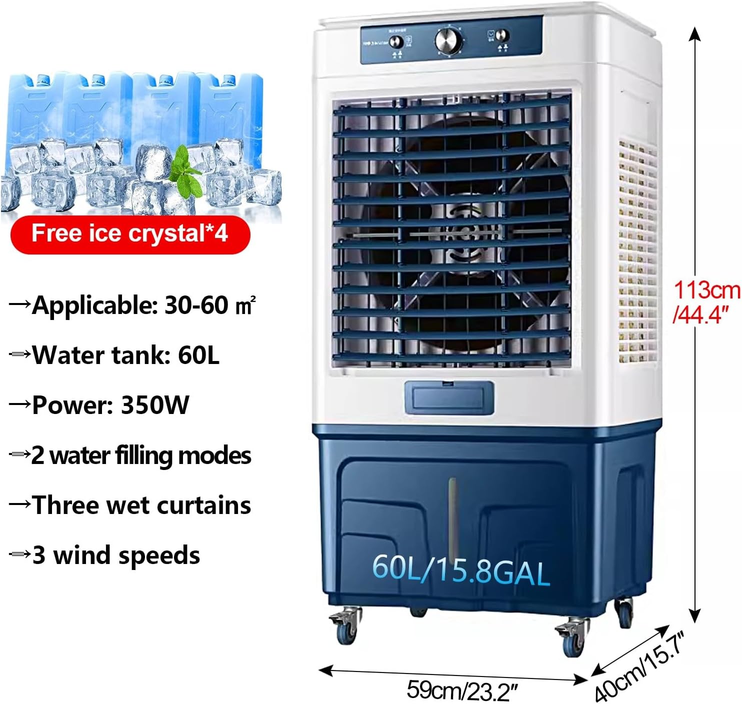  Climatiseur Mobile 3 En 1, Refroidisseur D'air, Humidificateur, Ventilateur, Télécommande, Refroidisseur Par évaporation For Usage Commercial, Industriel, Garage, Patio, Extérieur(113CM/44.4in)