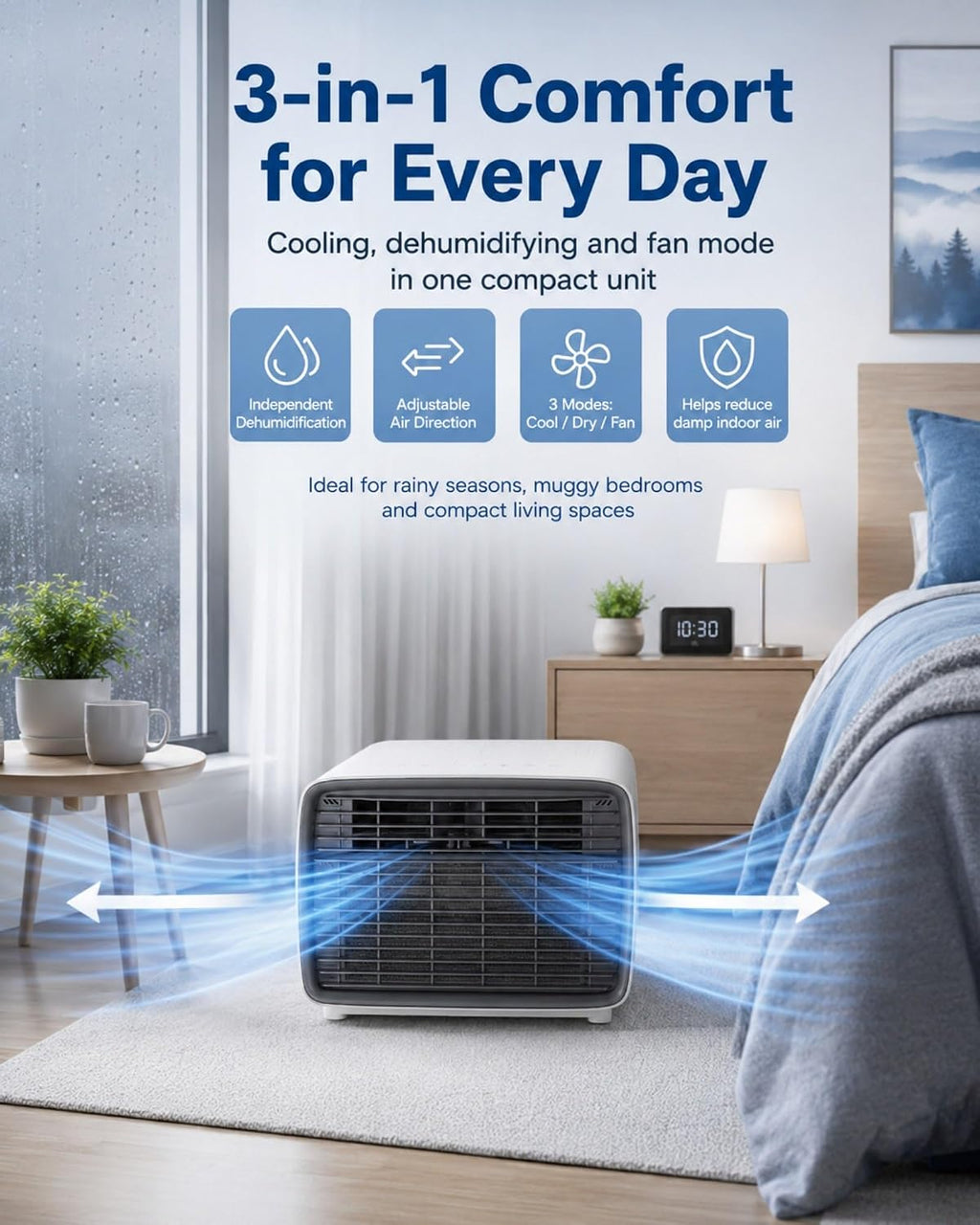  Climatiseur Mobile Pour Chambre Et Bureau, 900W De Refroidissement, 280W Faible Consommation, 45 DB Silencieux, Minuterie 1-12H, Affichage Numérique, Télécommande