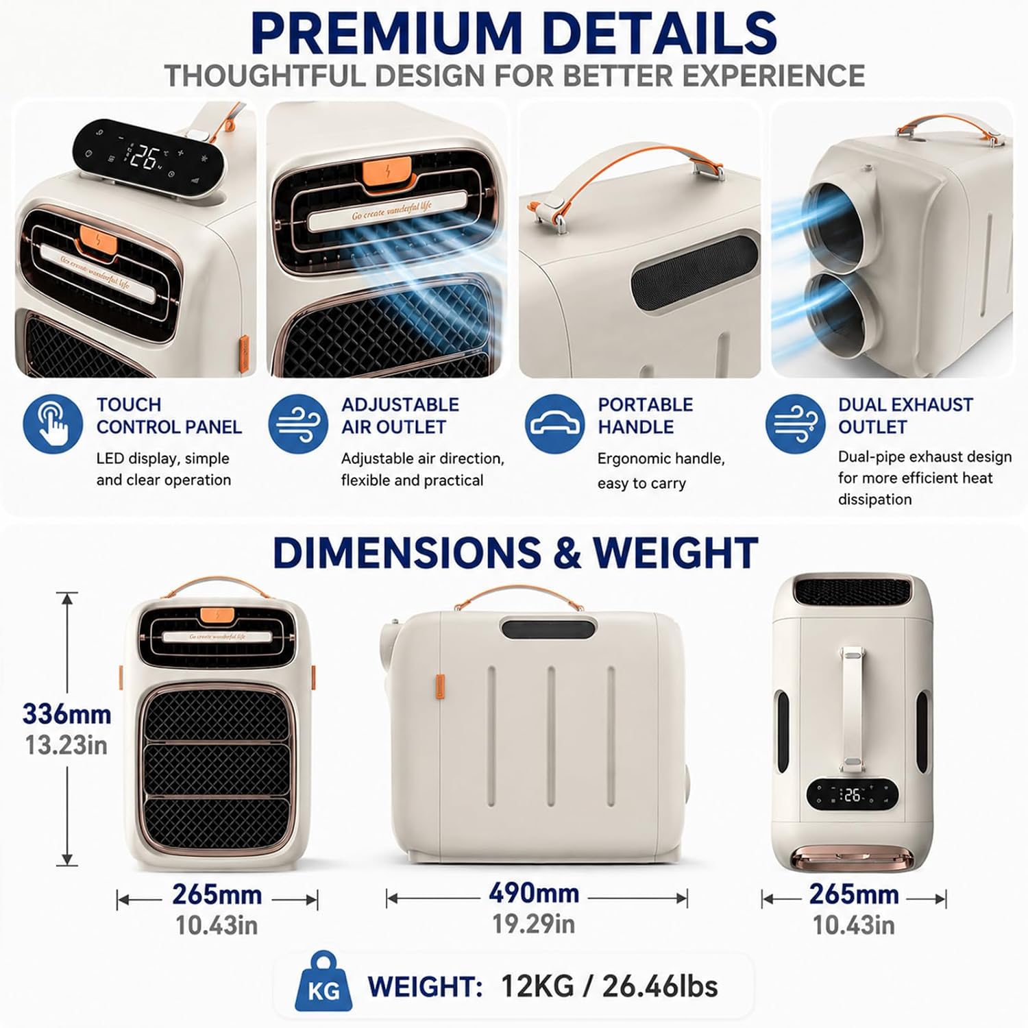  Climatiseur Portable Camping, Mini Climatiseur De Tente Cooling&Heating | Compresseur 5000 BTU, Double Tuyau, Refroidissement 3s, Pour 5-10m², Basse Consommation 420W, Silencieux 45dB