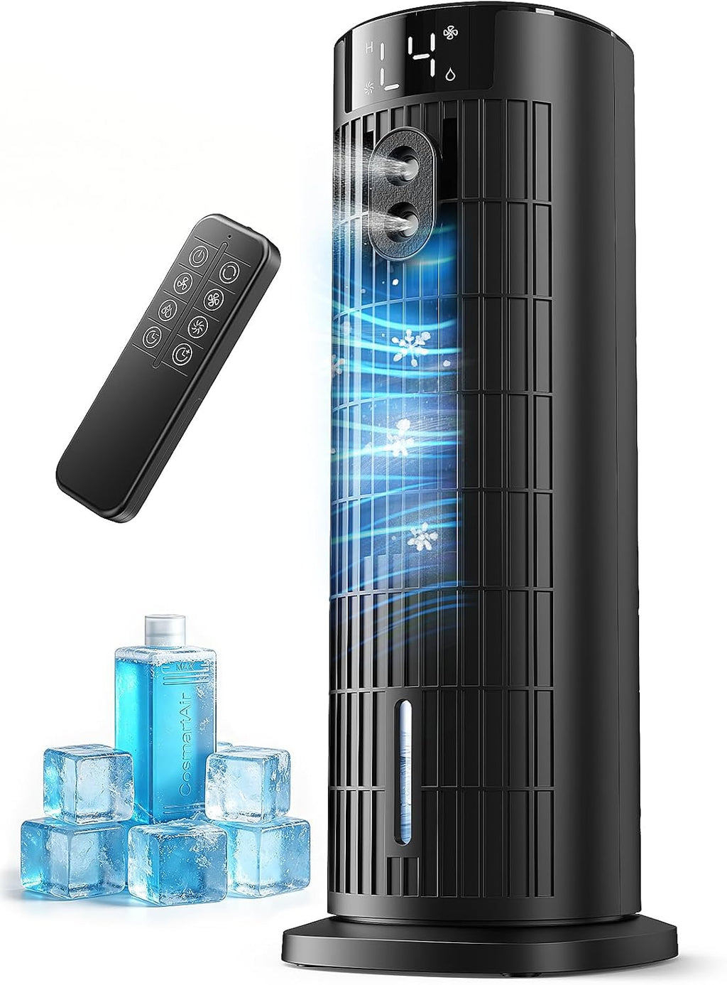 Climatiseur Mobile Portable Rafraîchisseur D'air Silencieux (Améliorée) Pour Chambre - Puissance 7,5 M/s, Oscillation 90°, 4 Vitesses, 2 Modes, Minuteur 10H, Télécommande, Sans Lame, Noir Carbone