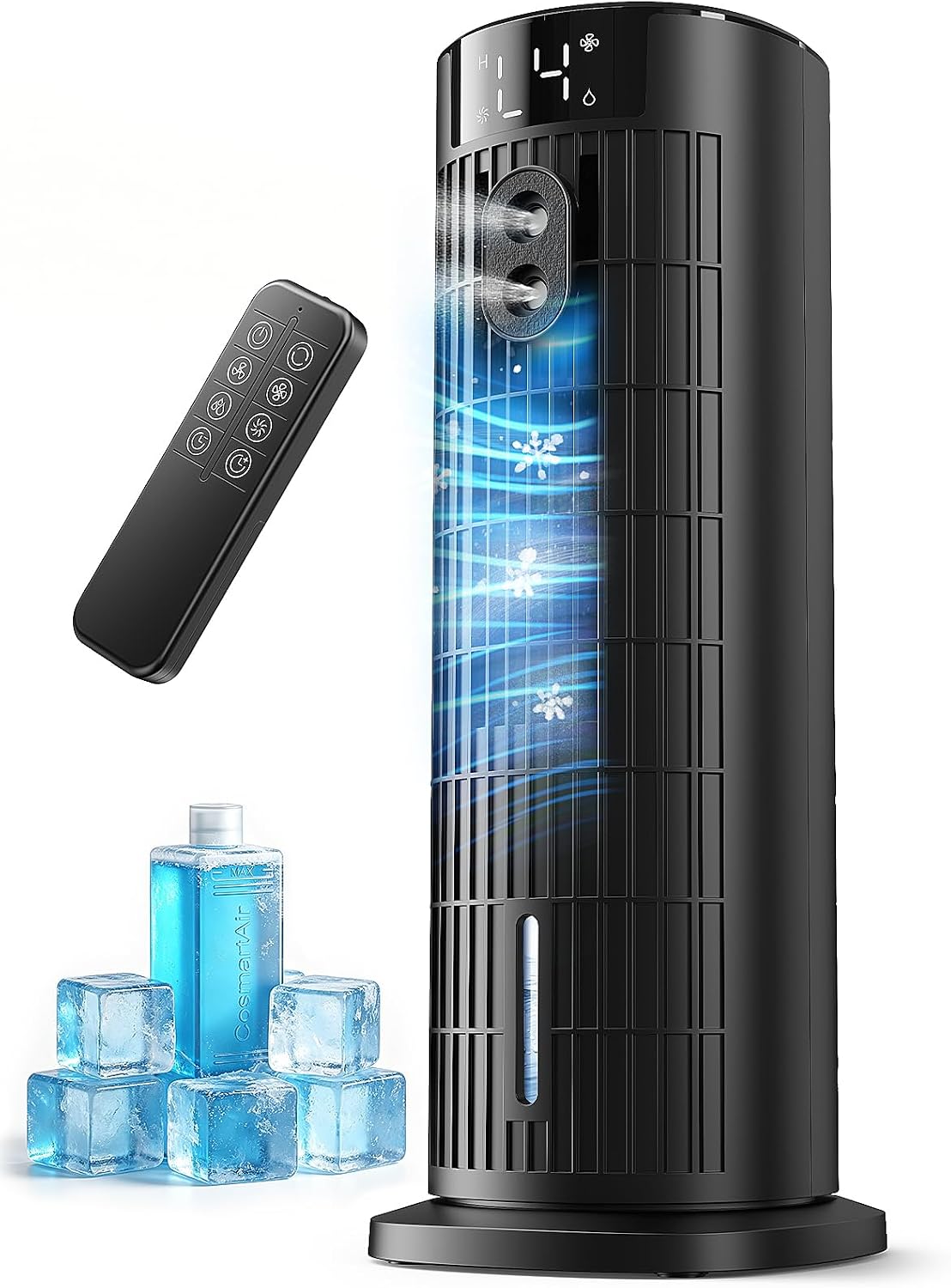  Climatiseur Mobile Portable Rafraîchisseur D'air Silencieux (Améliorée) Pour Chambre - Puissance 7,5 M/s, Oscillation 90°, 4 Vitesses, 2 Modes, Minuteur 10H, Télécommande, Sans Lame, Noir Carbone