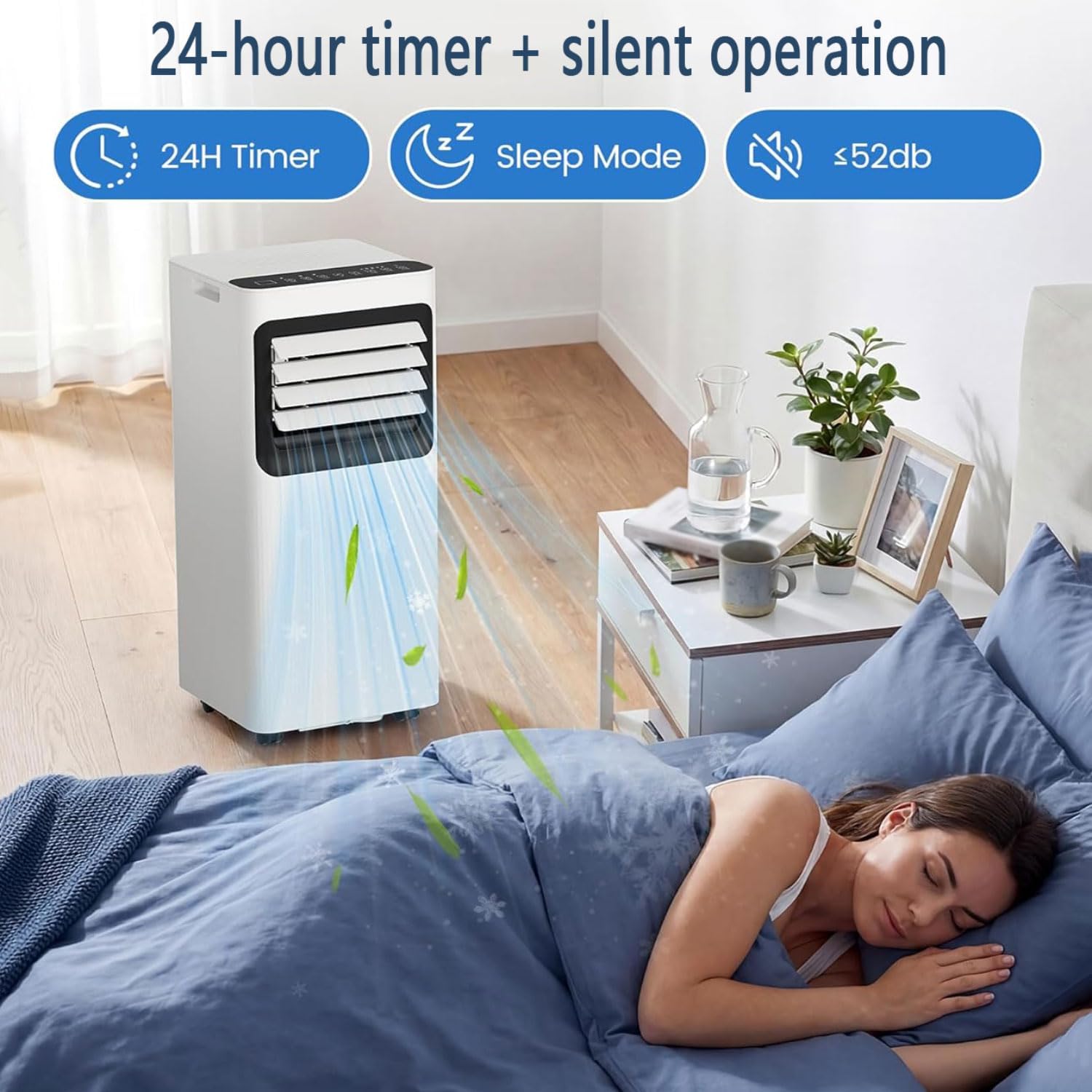  Climatiseur Portable Intelligent Silencieux, Déshumidificateur Intégré Et Modes De Ventilateur Pour Les Chambres Jusqu'à 350 Pieds Carrés, Télécommande, Minuterie 24H, Kit D'installation