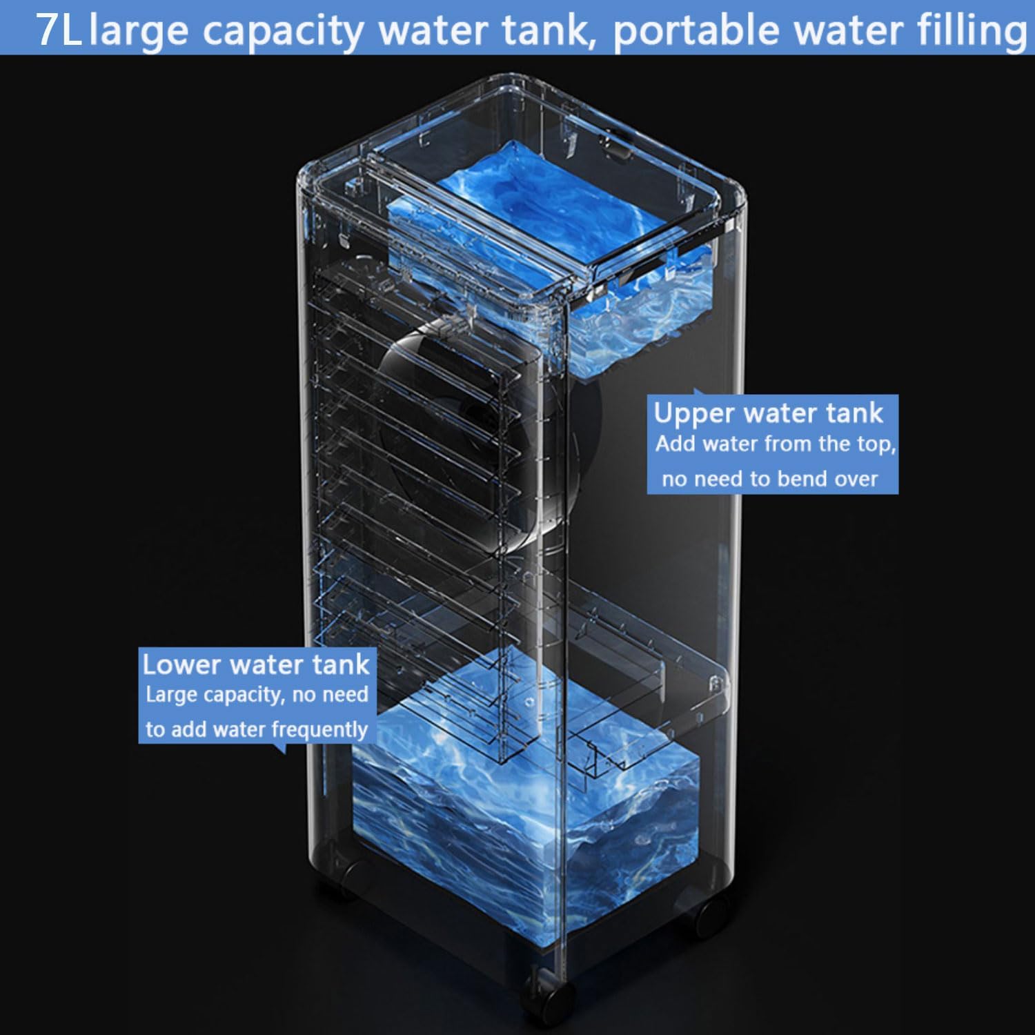 GENERIC Refroidisseur D'évaporation 7L Efficace Sur L'énergie Avec Packs De Glace, 3 Vitesses, Minuterie 12H, Ventilateur De Climatiseur Portable Silencieux Pour Le Bureau à Domicile, Roues De Mobilité Facile