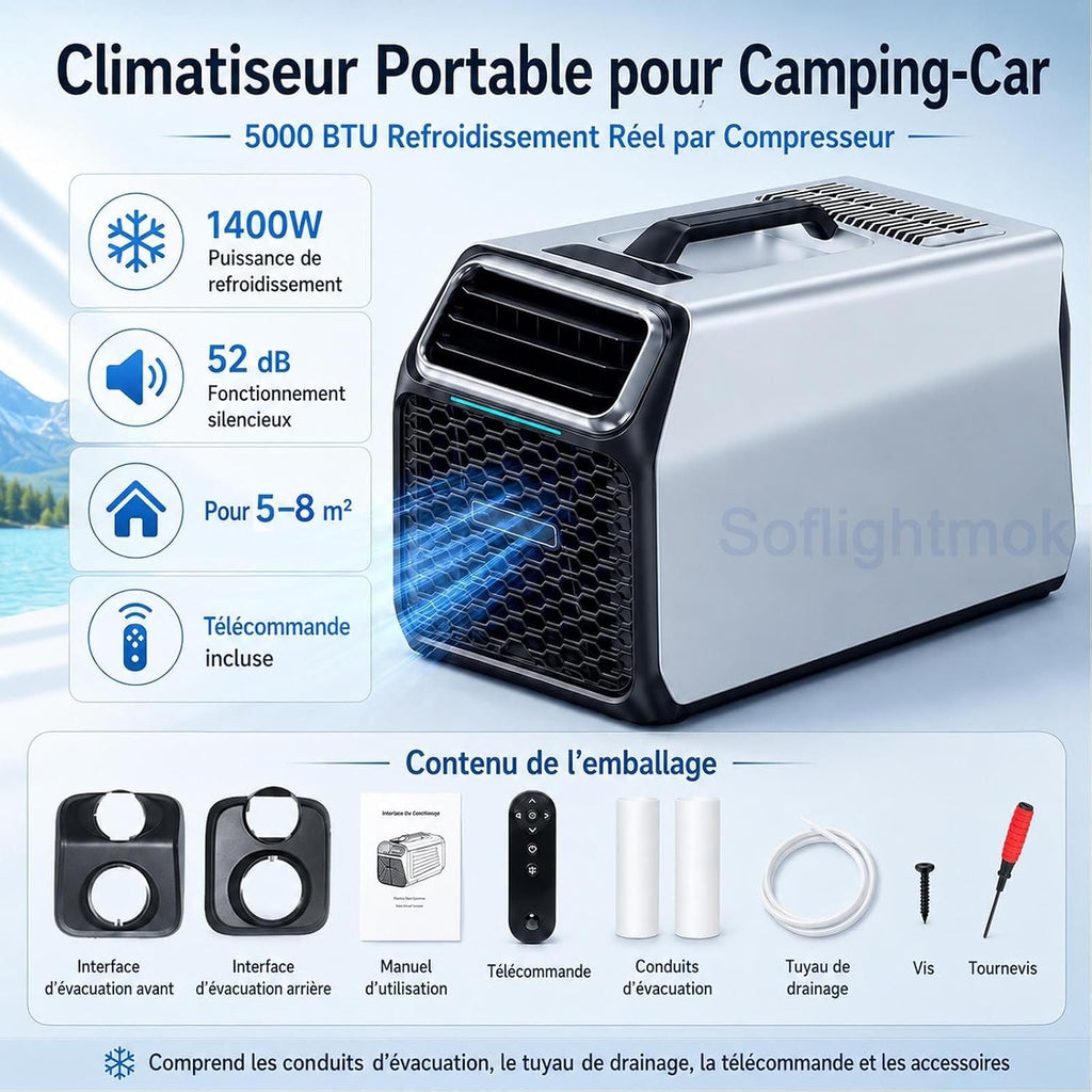  220v Climatiseur Portable 5000 BTU Pour Cabine De Camion Silver-220V | Solution Compacte Pour Cabine De Camion, Van, Tente Ou Petit Bureau Quand Une Clim Fixe N’est Pas Possible.