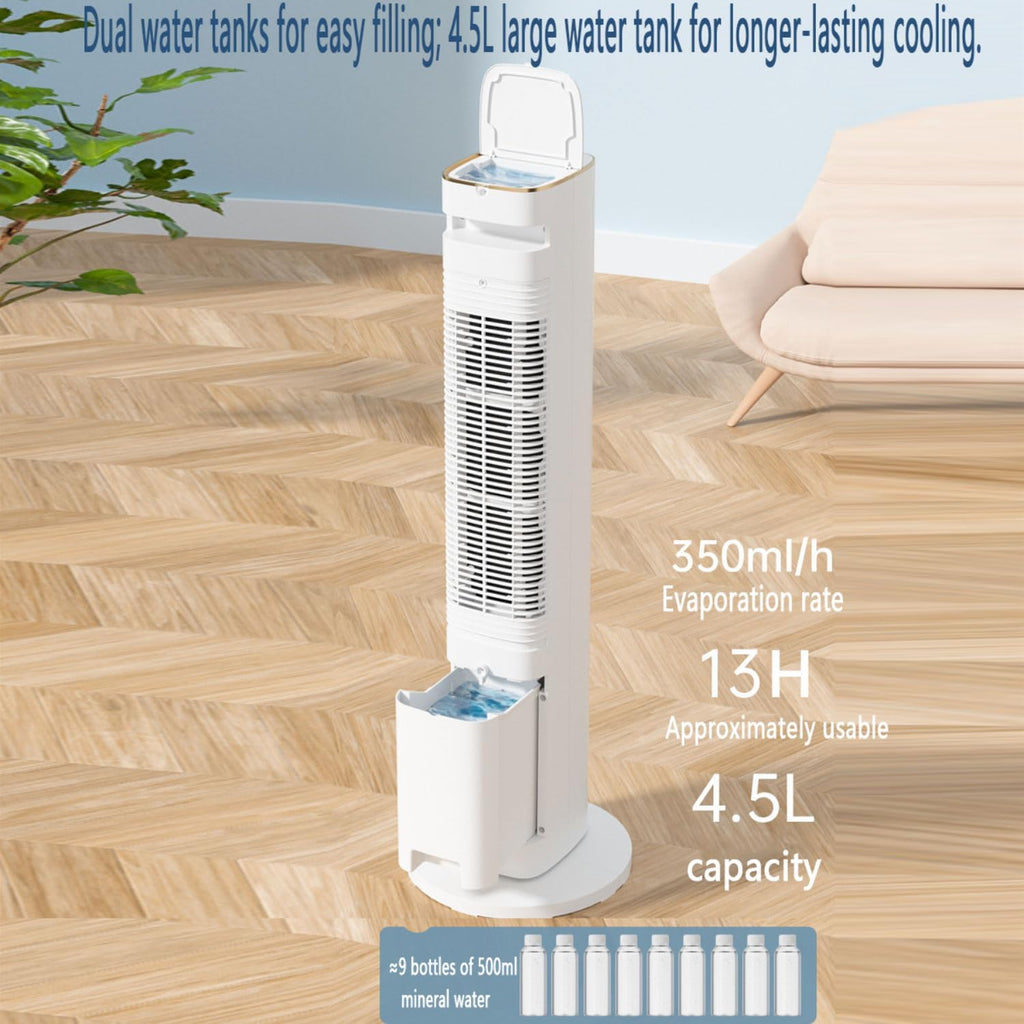  Refroidisseur D'air Colonne Refroidisseur Humidificateur Et Ventilateur Oscillation 80° 3 Vitesses 3 Modes Réservoir D'eau 4.5L Blocs De Glace Climatiseur Mobile Portable Pour Chambre Bureau Blanc